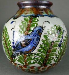 Jarrón Vintage de Gres Pintado a Mano California Codorniz Tonala México Talavera