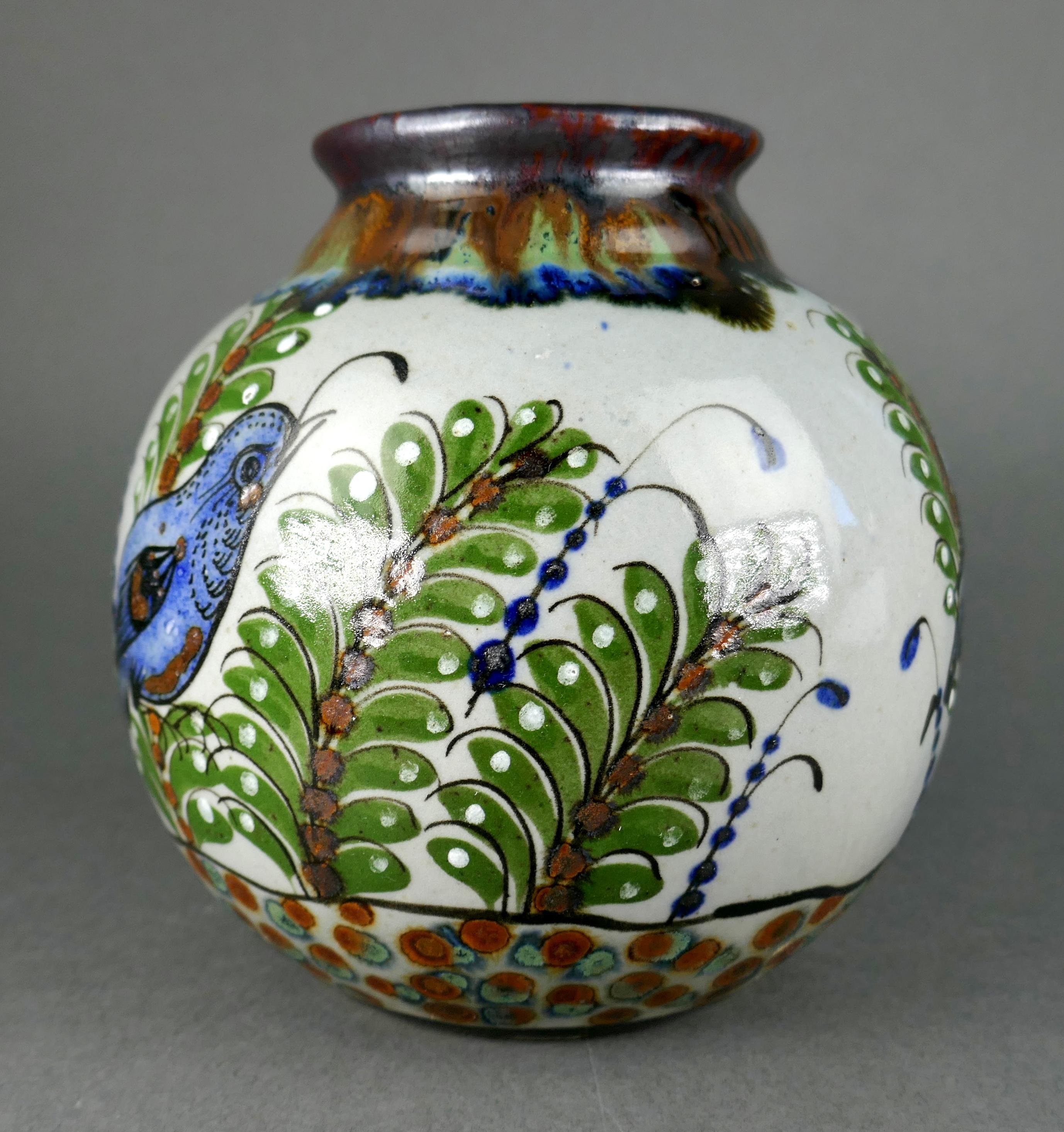 Vintage-Vase aus Steingut, handbemalt, California Quail Tonala Mexico Talavera, Mexiko (Missionsstil) im Angebot