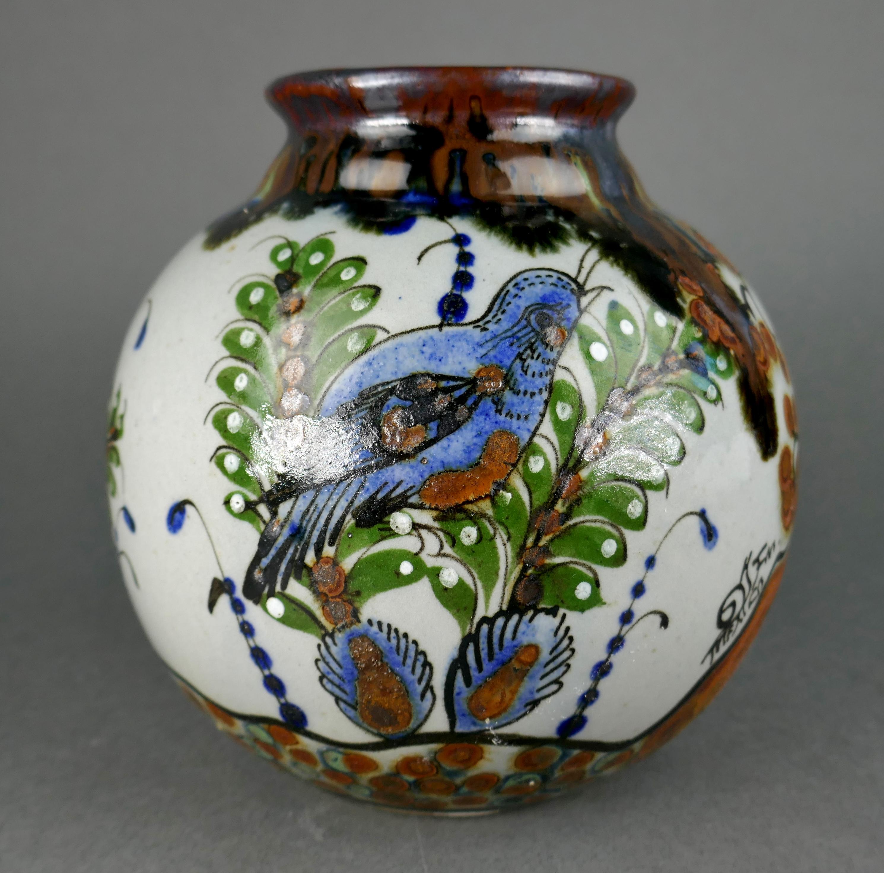 Vintage-Vase aus Steingut, handbemalt, California Quail Tonala Mexico Talavera, Mexiko (Handgefertigt) im Angebot