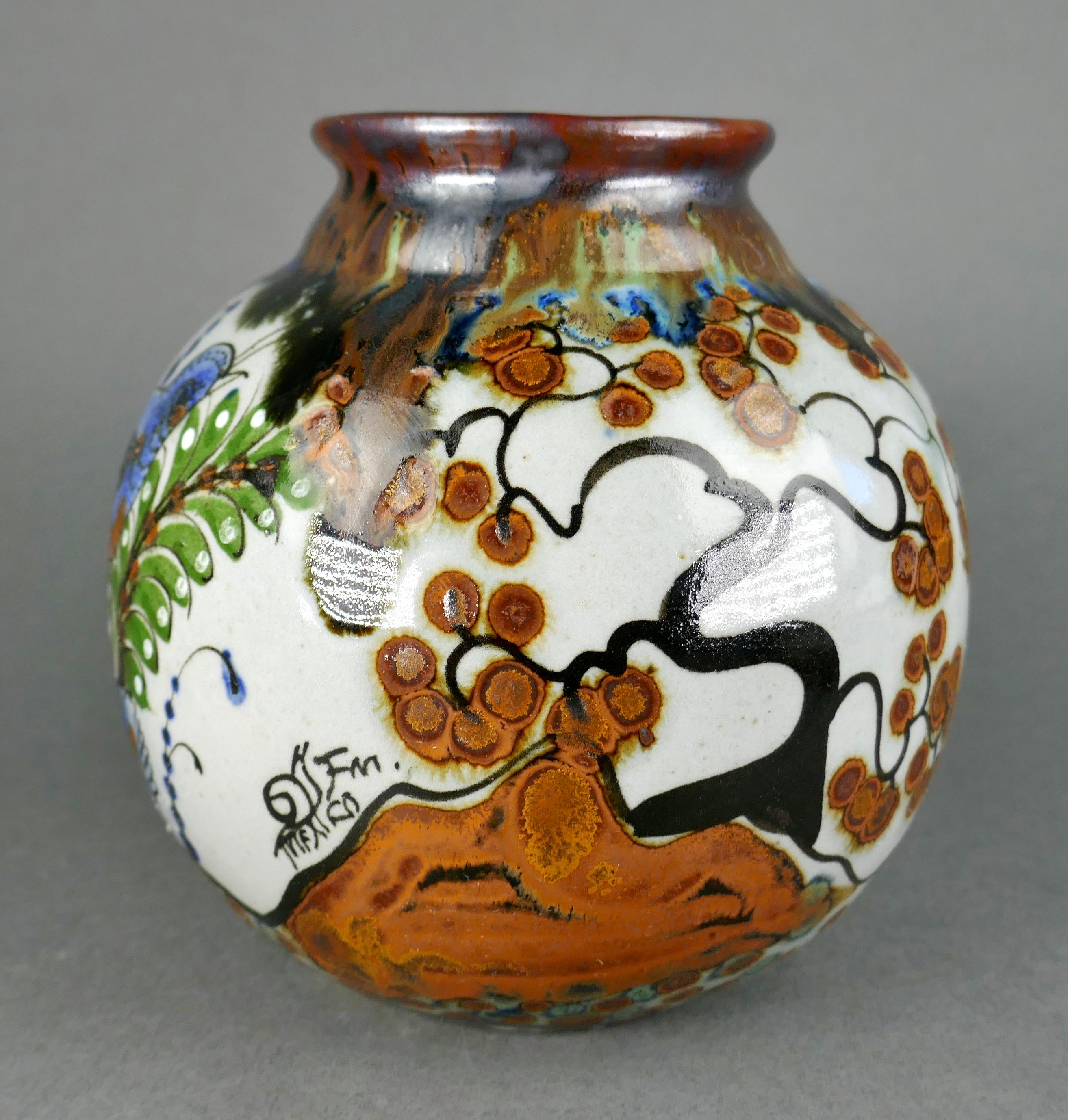 Vintage-Vase aus Steingut, handbemalt, California Quail Tonala Mexico Talavera, Mexiko (Keramik) im Angebot