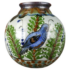 Vintage Stoneware Hand Painted California Quail Tonala Mexico Talavera Vase