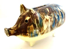 Vintage Stoneware Larger Size Multi-Colored  Pig Bank (Still Bank) Austria C1890