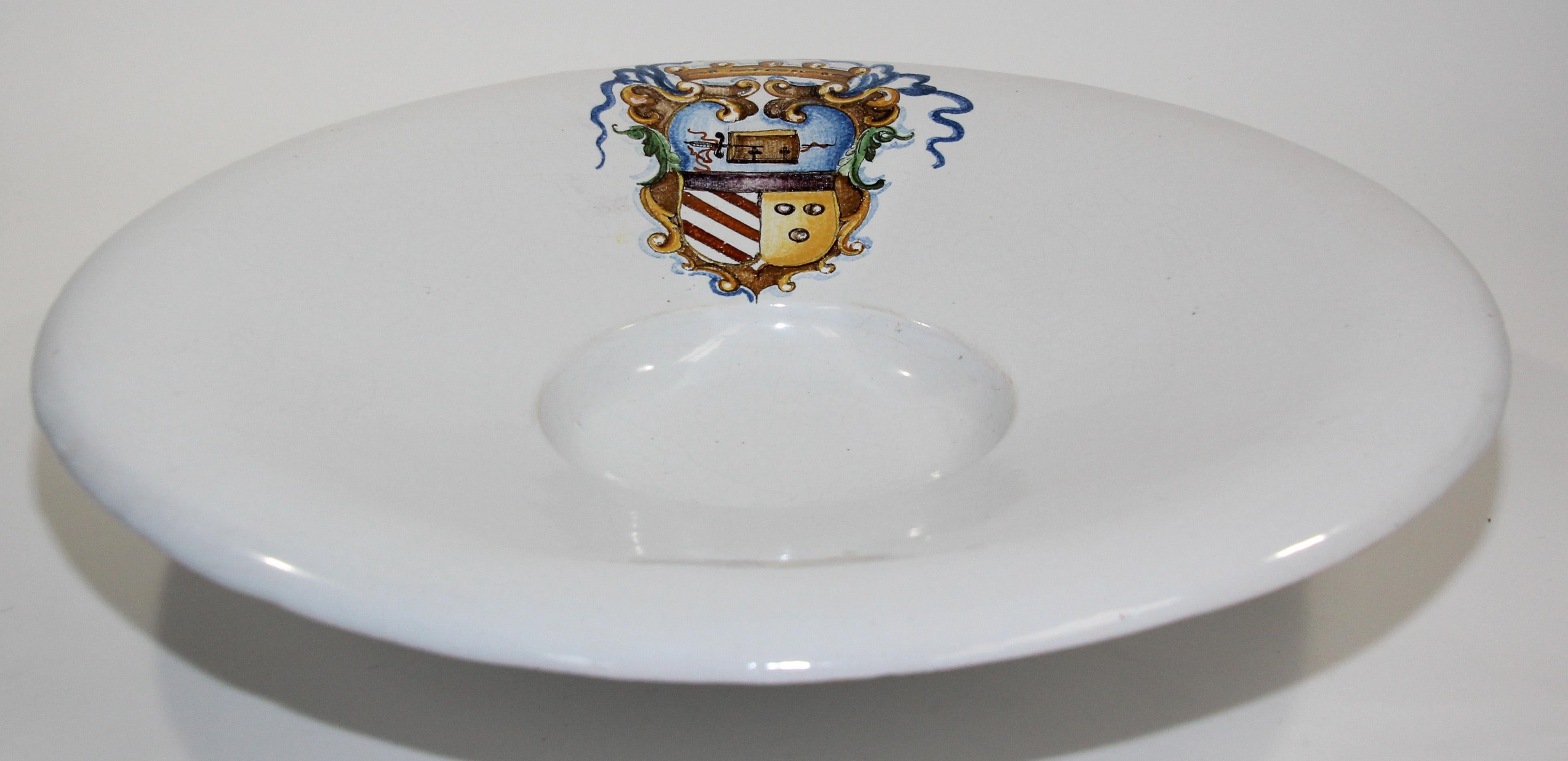 Spanish Colonial Vintage Stoneware Talavera White underglaze Large Bowl with Blazon Spain For Sale