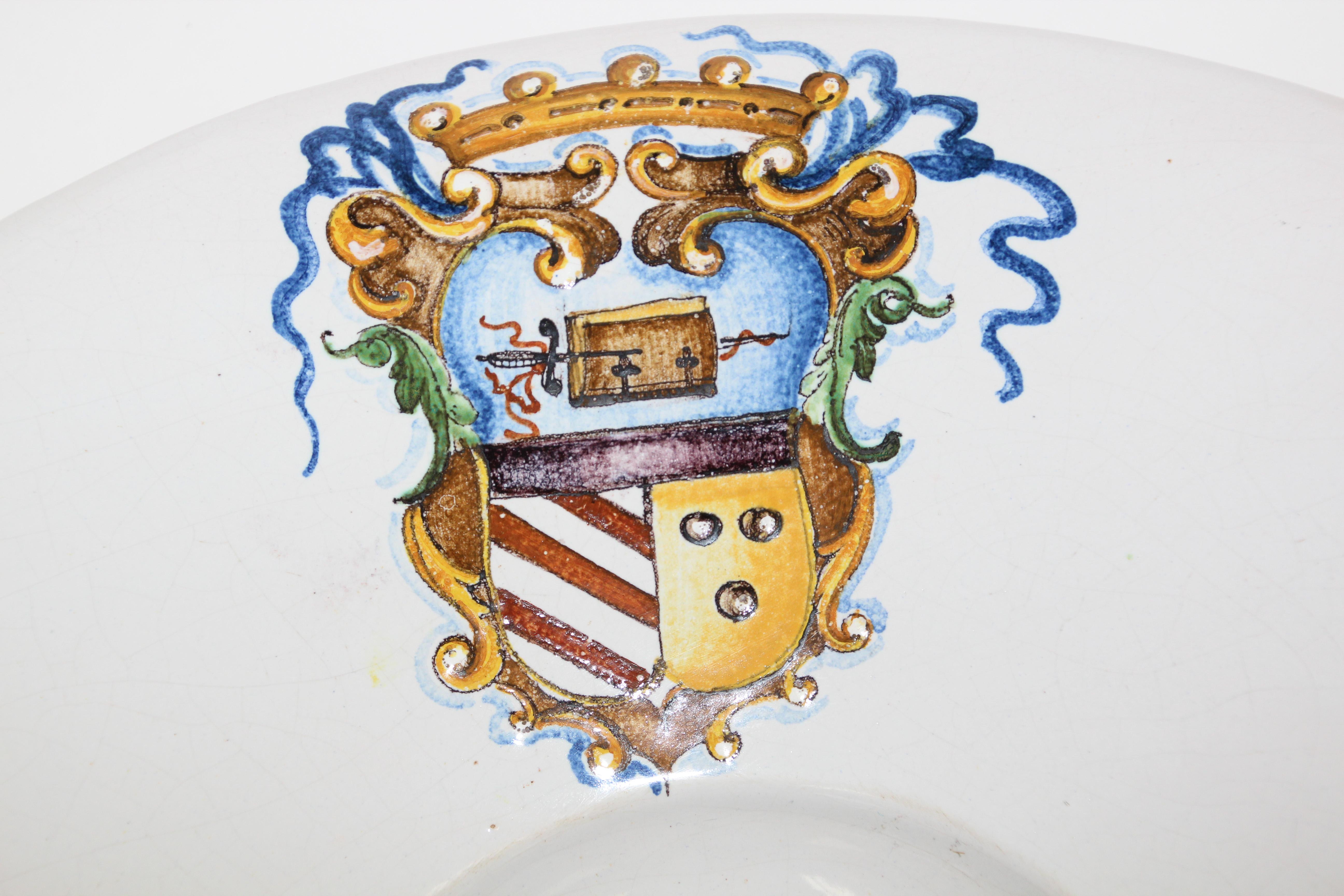 Ceramic Vintage Stoneware Talavera White underglaze Large Bowl with Blazon Spain For Sale