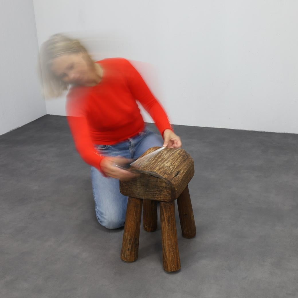 Wood Vintage Stool Primitive Brutalist Folkart Style For Sale