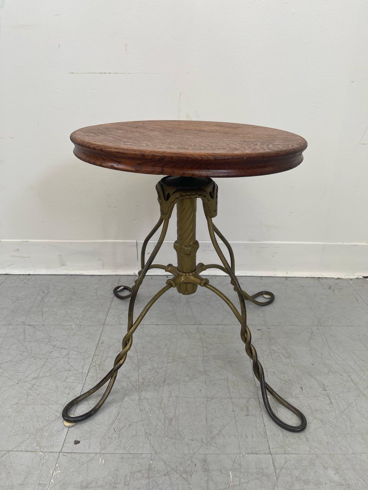 Vintage Stool With Adjustable Wooden Seat and Wrought Iron Base. For Sale 2