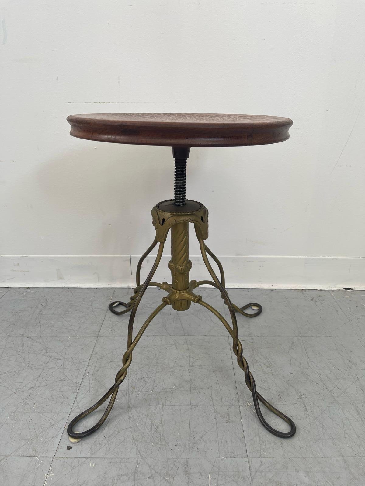 Vintage Stool With Adjustable Wooden Seat and Wrought Iron Base. For Sale 3