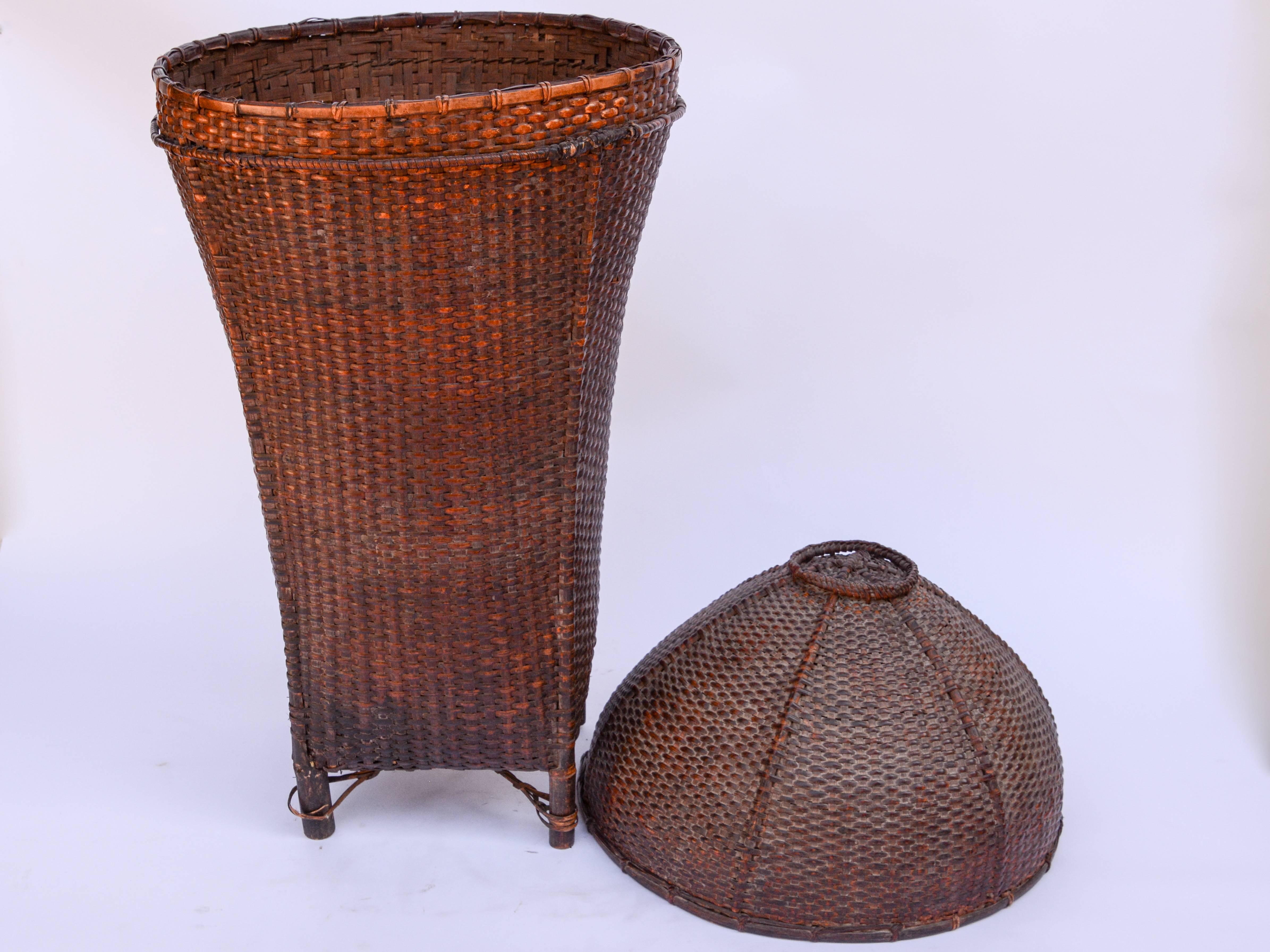 Vintage Storage Basket with Domed Lid Rawang of Burma, Mid-20th Century, Bamboo 4