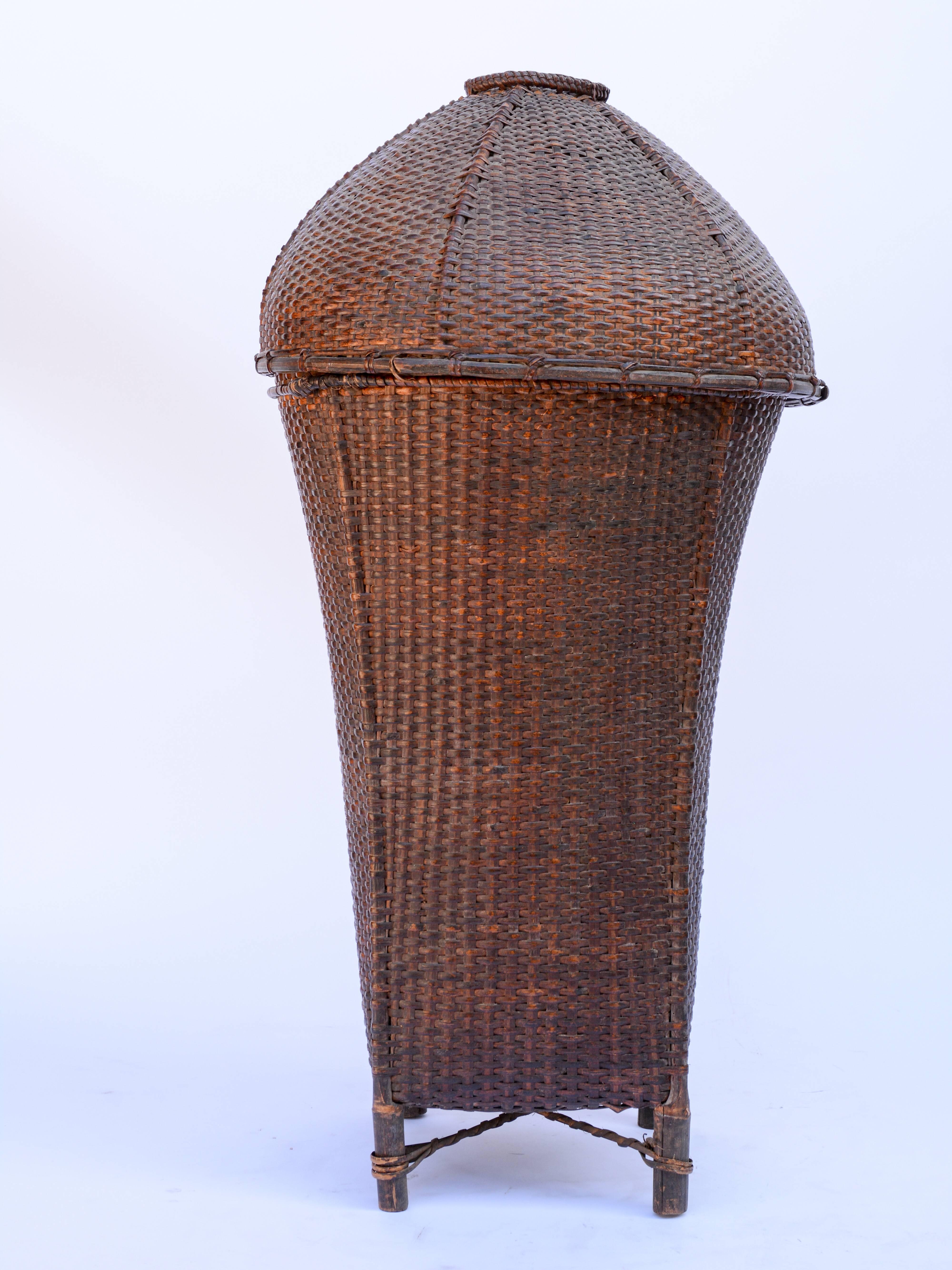 Tribal Vintage Storage Basket with Domed Lid Rawang of Burma, Mid-20th Century, Bamboo
