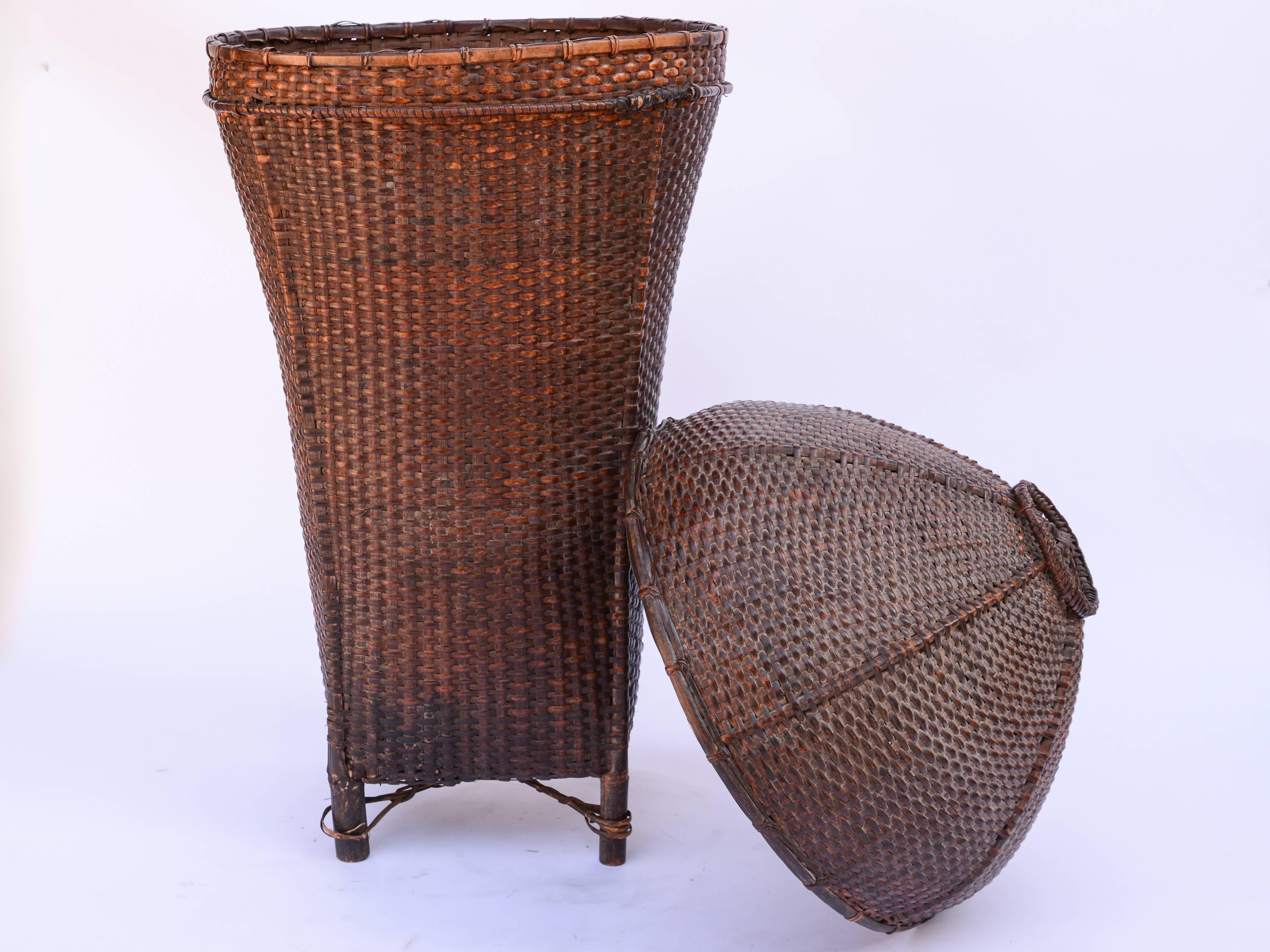 Vintage Storage Basket with Domed Lid Rawang of Burma, Mid-20th Century, Bamboo 3