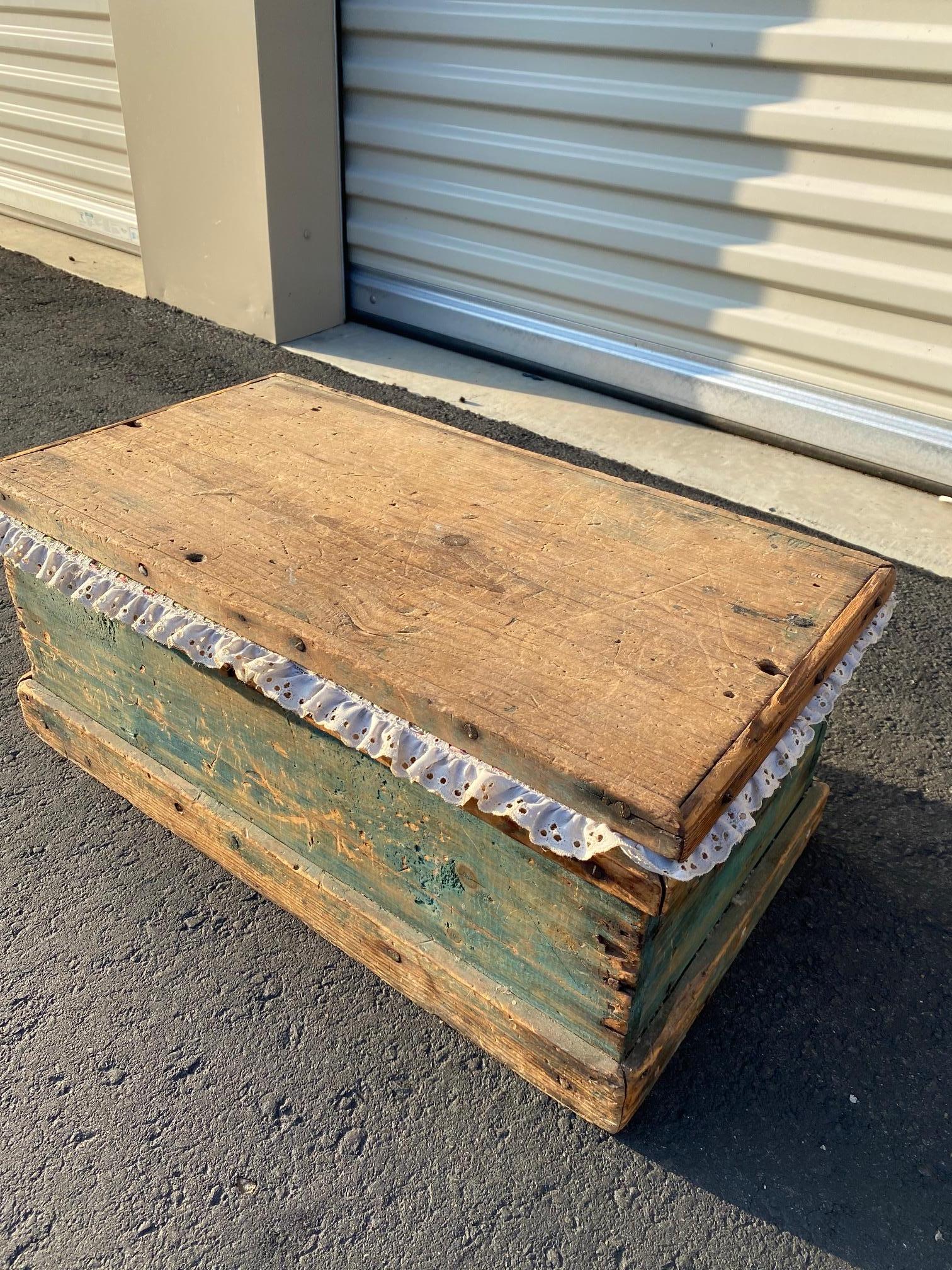 Cute vintage storage box. The distressed wood from it's age leaves a story to be imagined! This would make the perfect accent piece in your home. The lace trim is simply adorable and nice added feature!