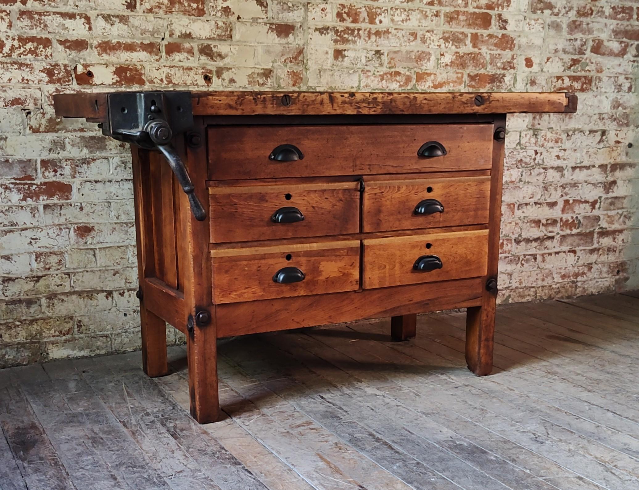 Vintage Carpenter's Storage Cabinet / Workbench with 5 Drawers & Rapid Action Vise

Overall Dimensions: 26 1/2