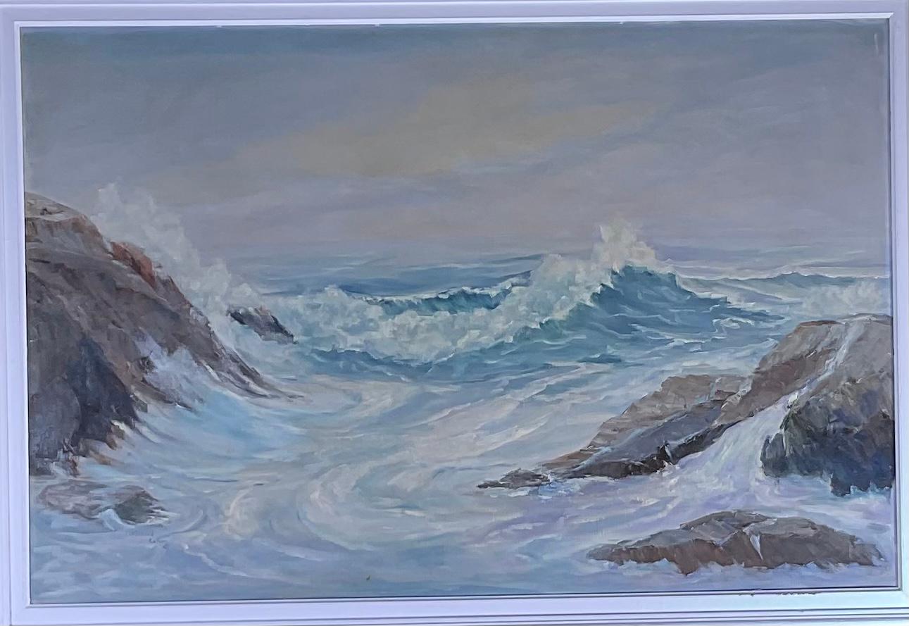 Vintage West coast seascape by an unknown artist. Waves are crashing against a rocky shore, with beautiful sky. The painting is signed by this talented artist Actual painting. Measures: 35”.5 x 23”.5.
   