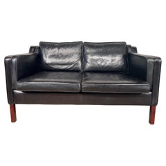Vintage Stouby Danish 70s 2 Seater Black Leather Sofa Børge Mogensen Style #459