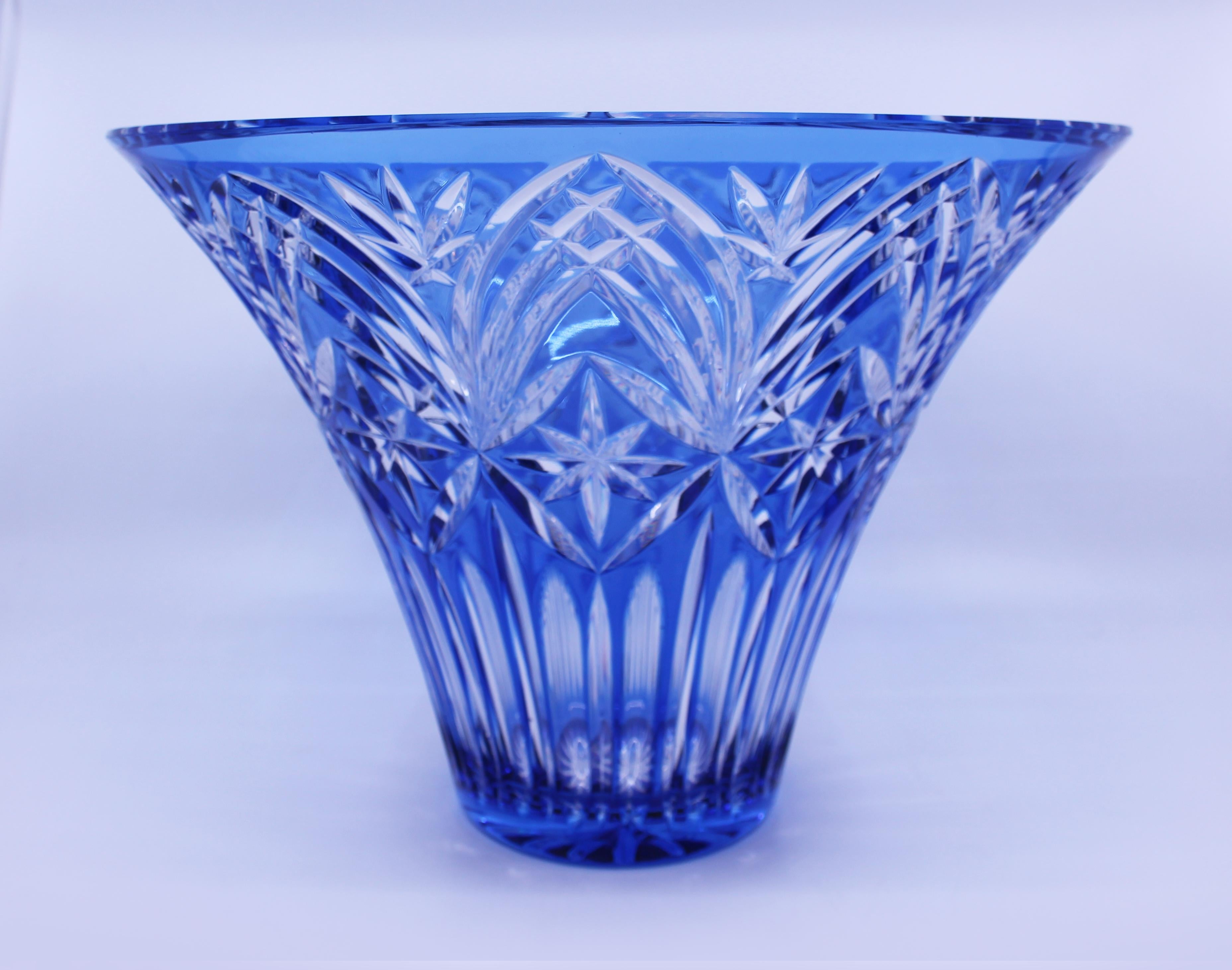 English Vintage Stourbridge Glass Blue Overlay Crystal Splayed Vase For Sale