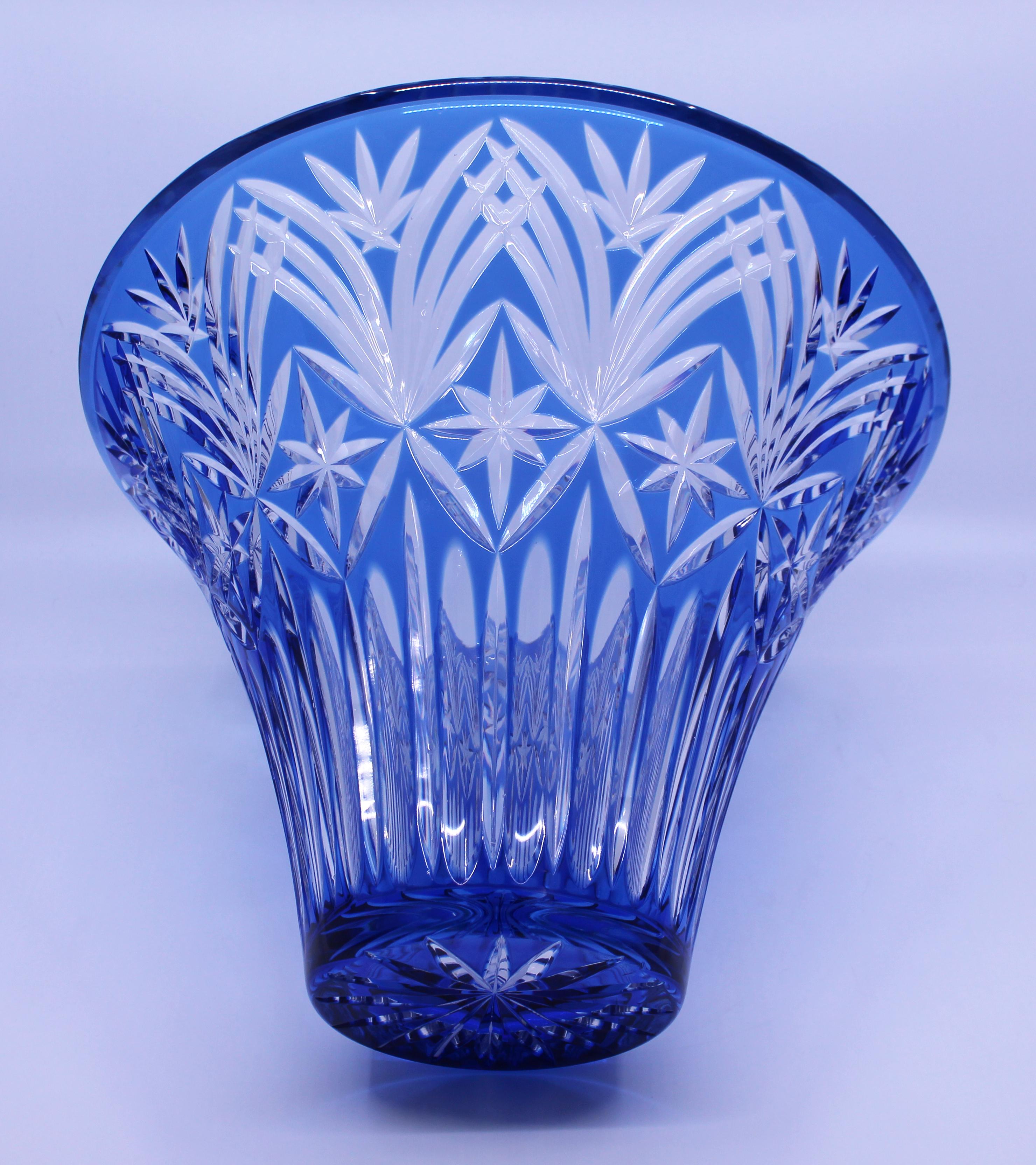 Vintage Stourbridge Glass Blue Overlay Crystal Splayed Vase For Sale 3