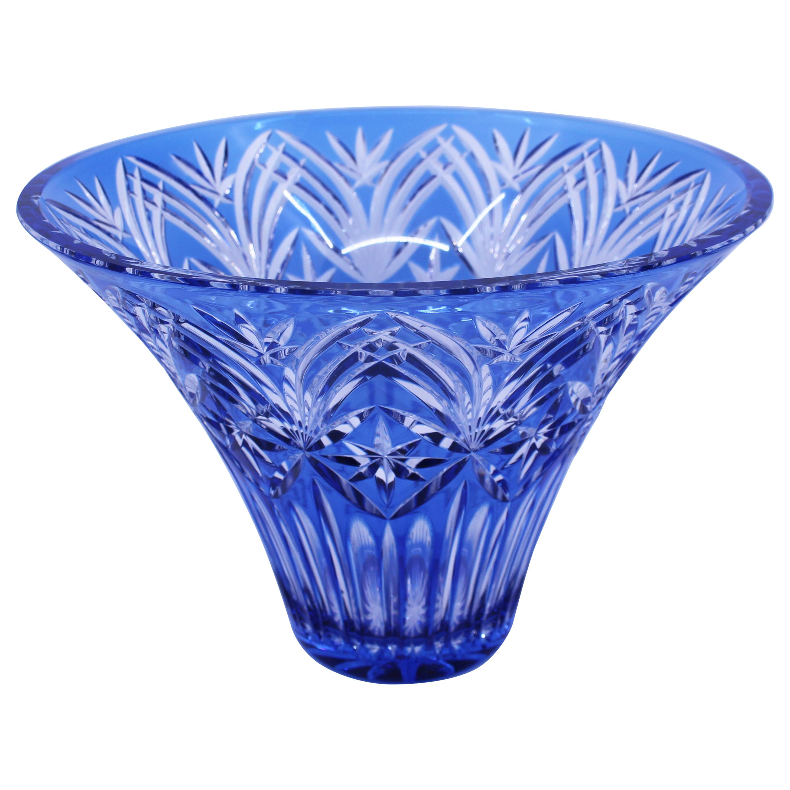 Vintage Stourbridge Glass Blue Overlay Crystal Splayed Vase For Sale