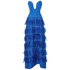 1990's strapless blue silk feather and strass evening dress Versace Couture