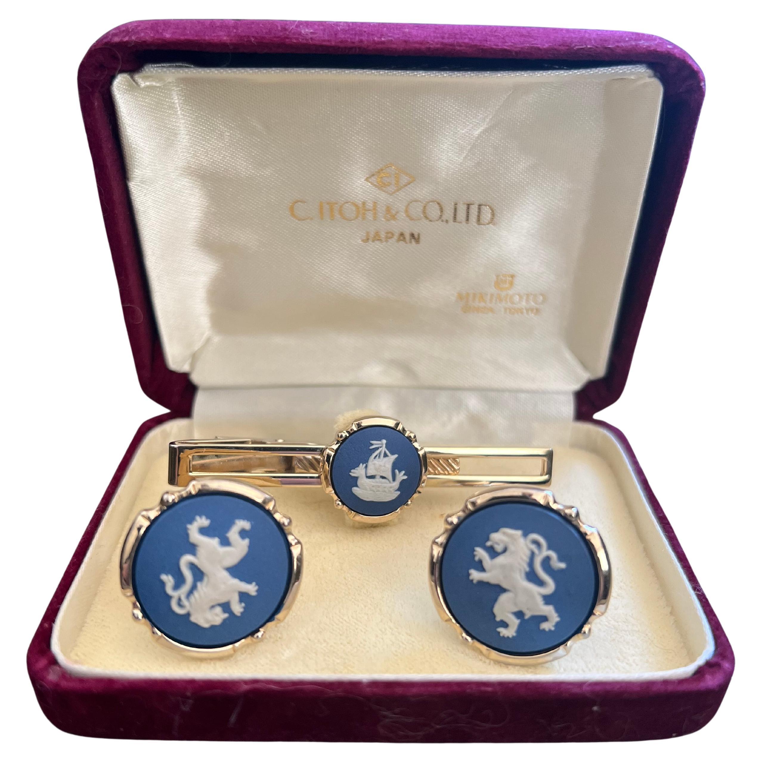Vintage Stratton British Royal Cufflinks & Tie Clip In Original Mikimoto Case