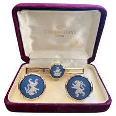 Vintage Stratton British Royal Cufflinks & Tie Clip In Original Mikimoto Case