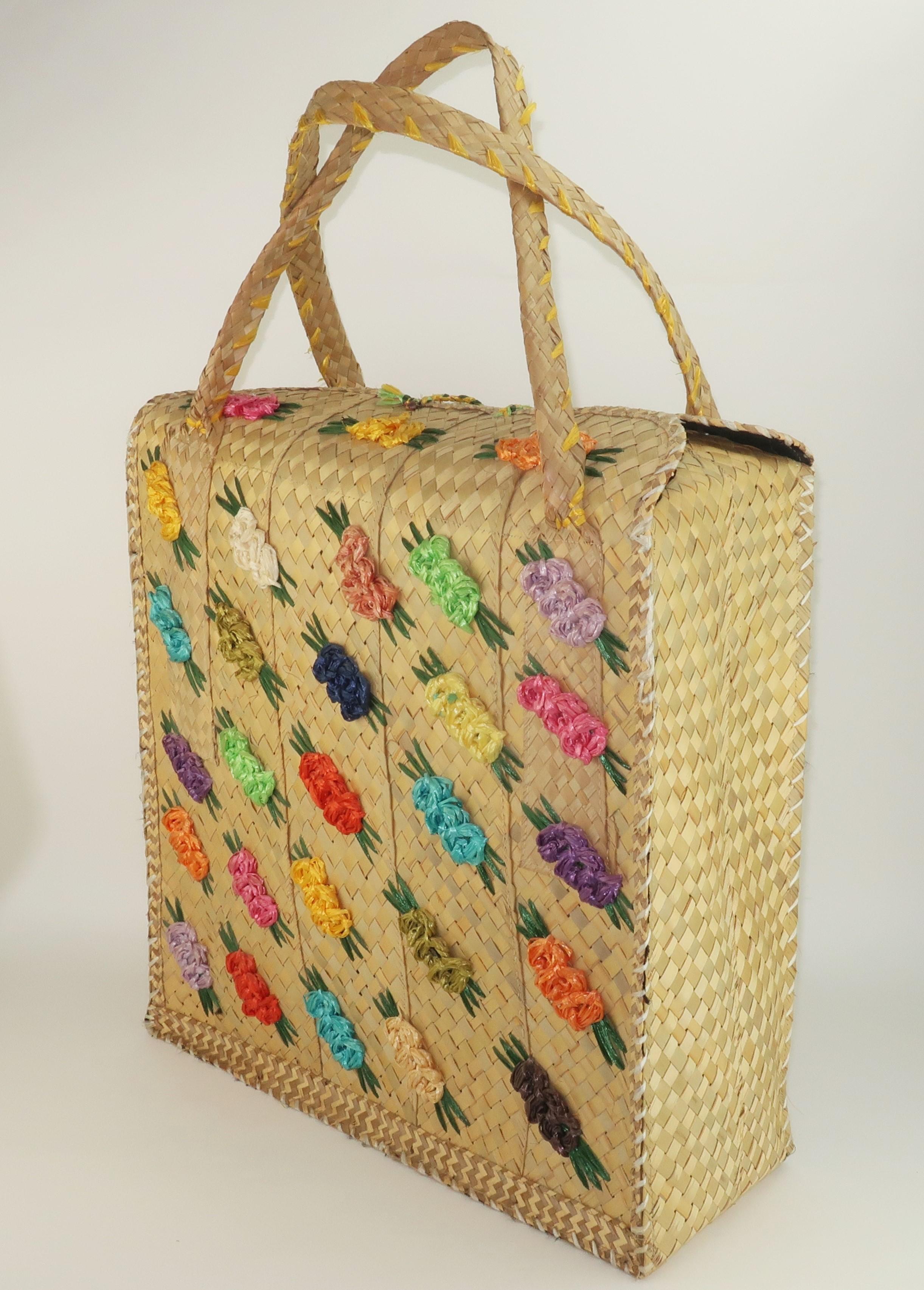 Brown Vintage Straw Beach Bag Tote Handbag Suitcase For Sale