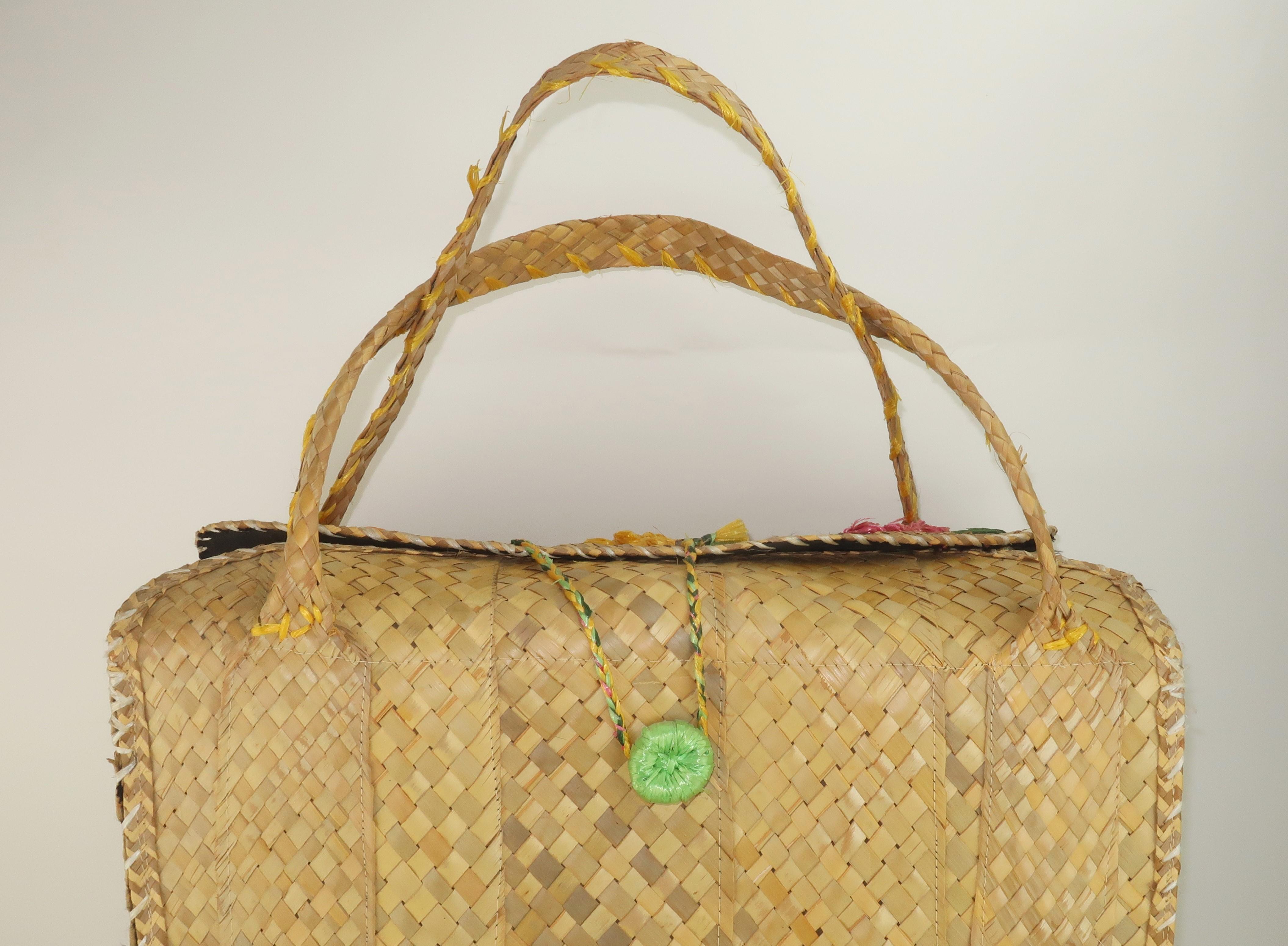 Vintage Straw Beach Bag Tote Handbag Suitcase For Sale 2