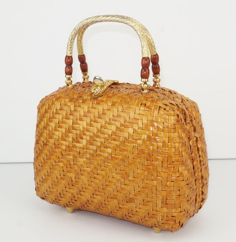 Vintage Straw Handbag With Gold Handles at 1stDibs