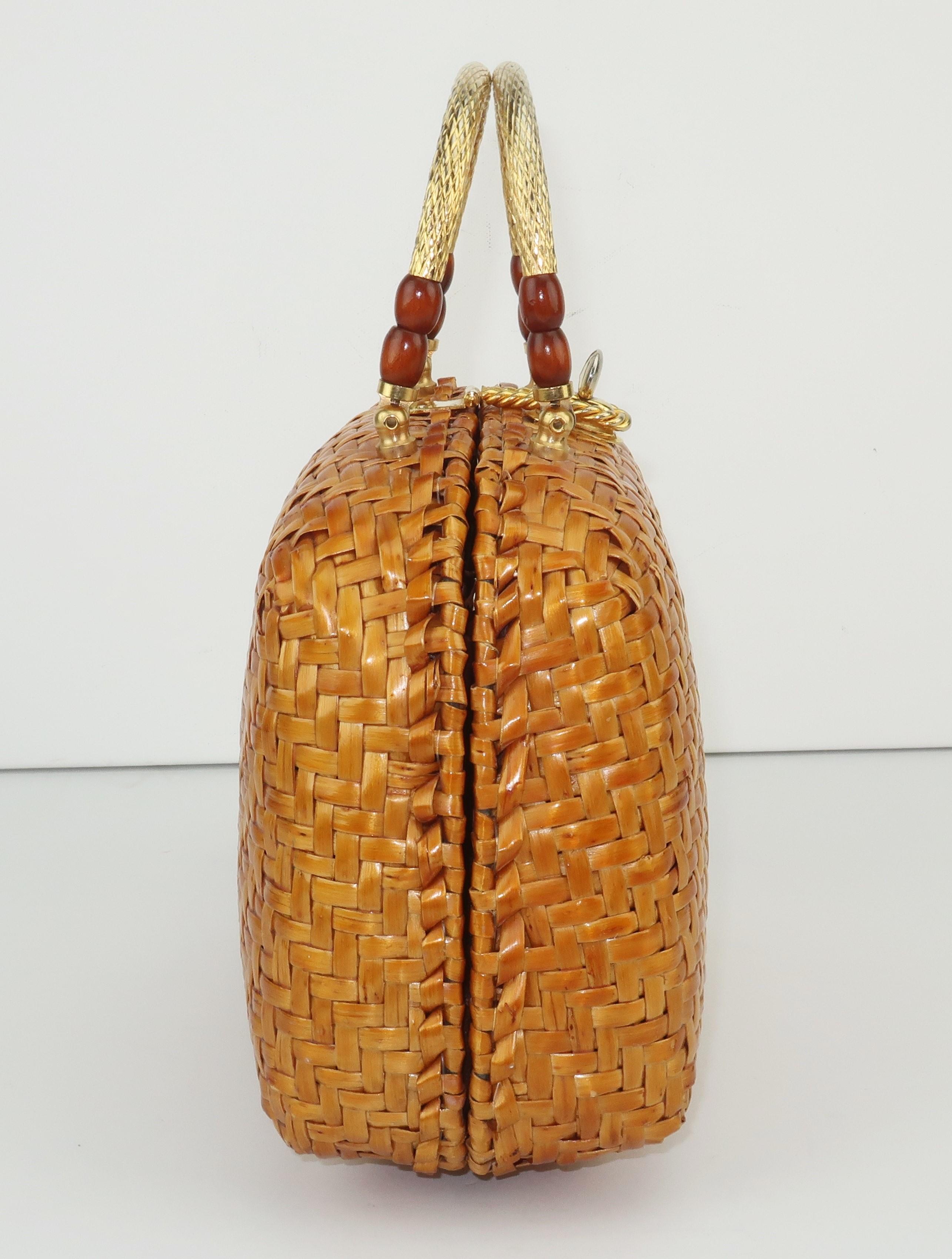 Women's Vintage Straw Handbag With Gold Handles