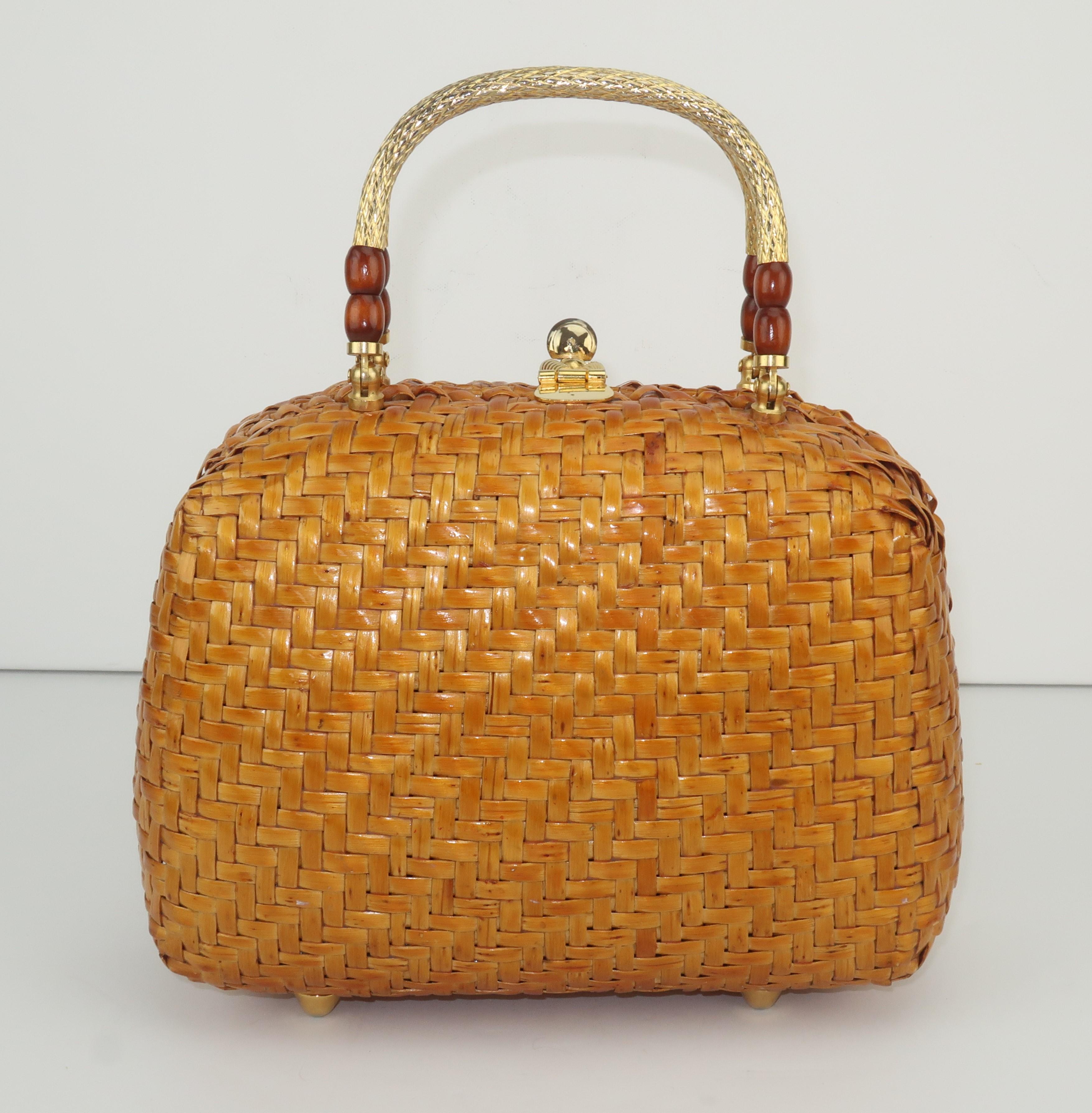 Vintage Straw Handbag With Gold Handles 1