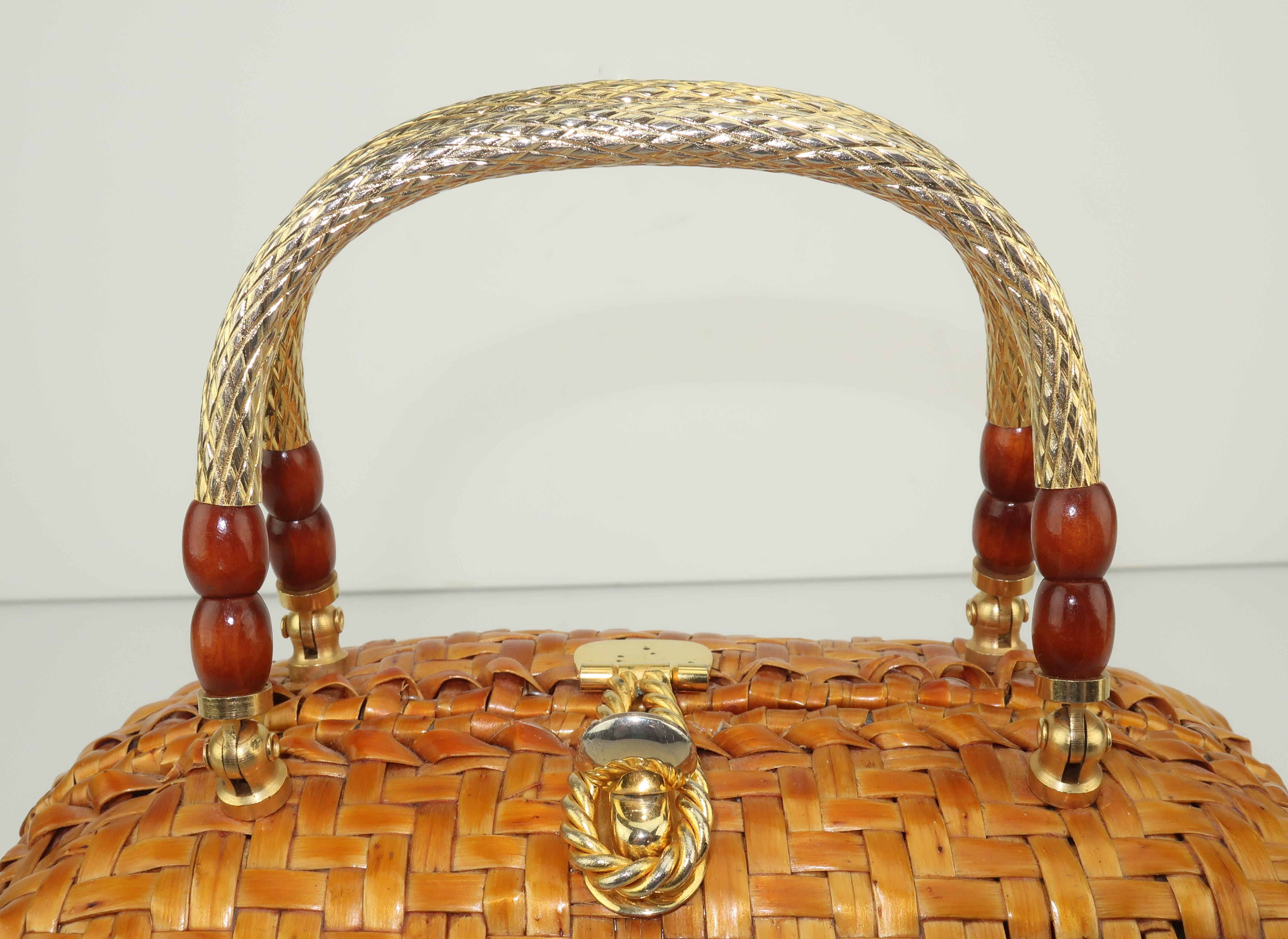 Vintage Straw Handbag With Gold Handles 3