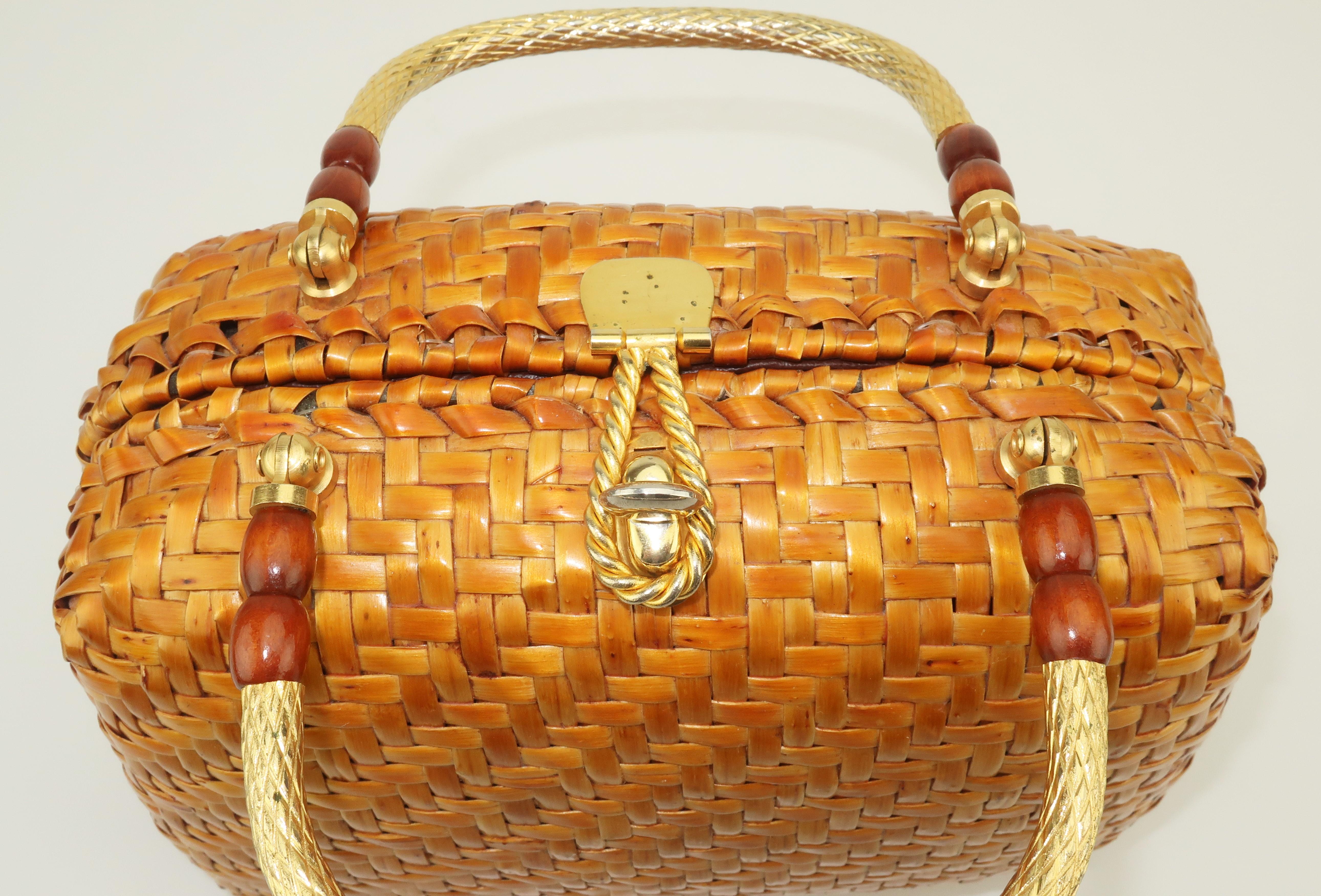 Vintage Straw Handbag With Gold Handles 4