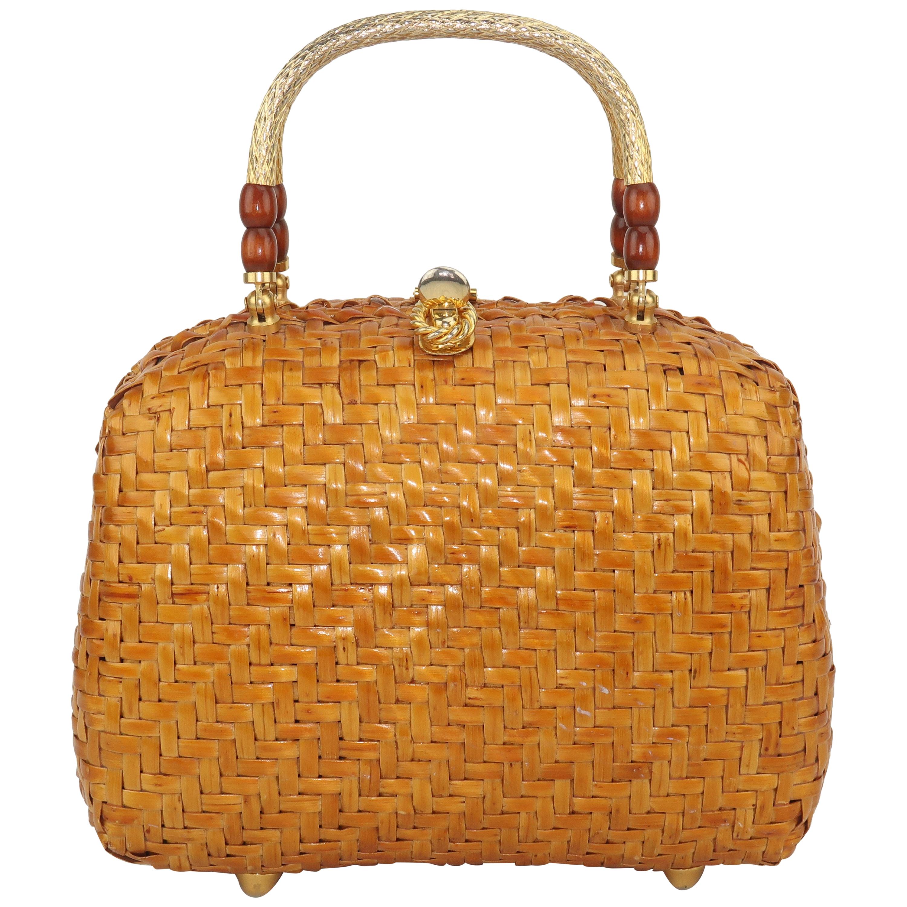 Vintage Straw Handbag With Gold Handles