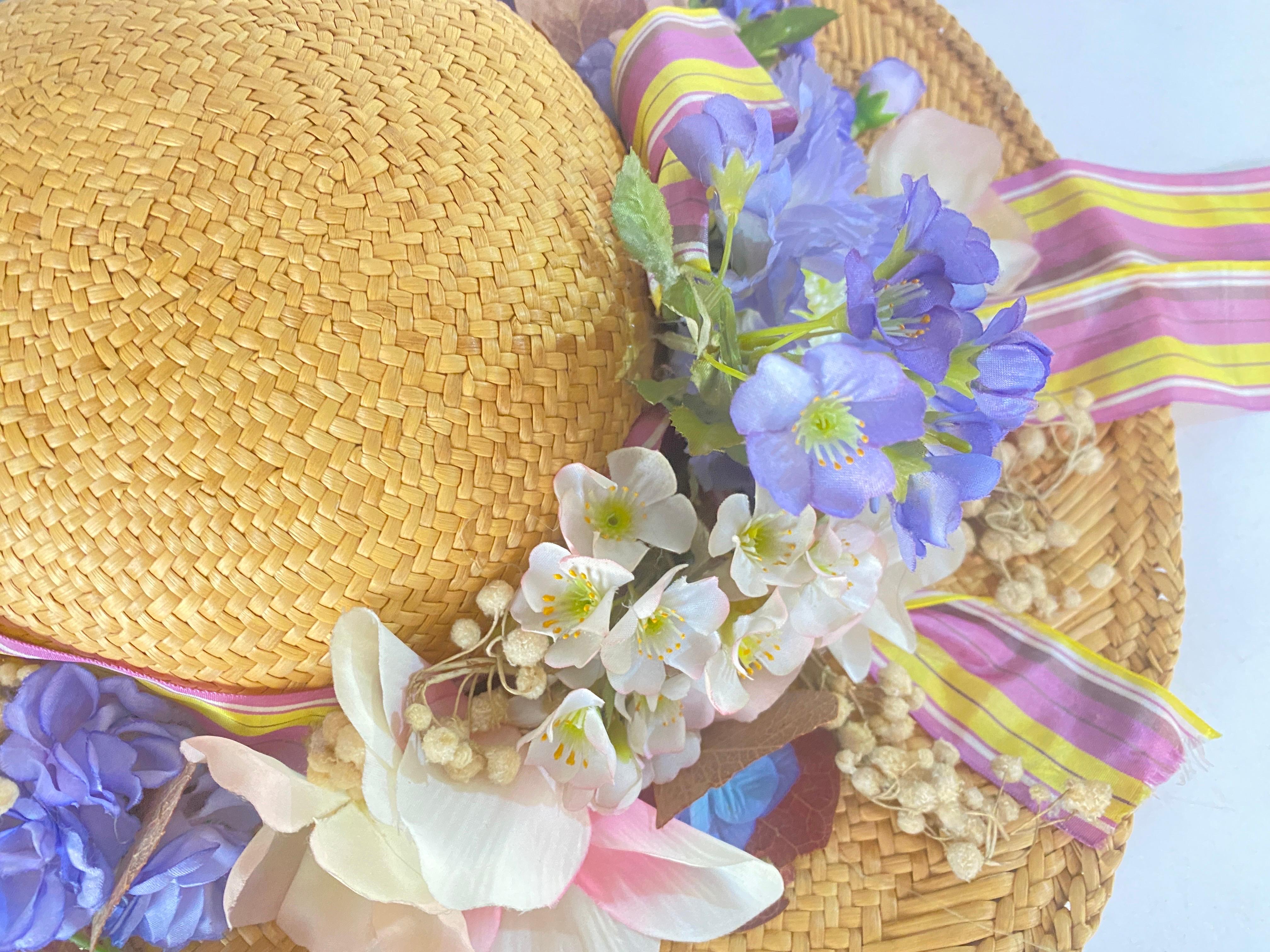 Vintage Straw Hat with Ribbon and Flowers For Sale 6