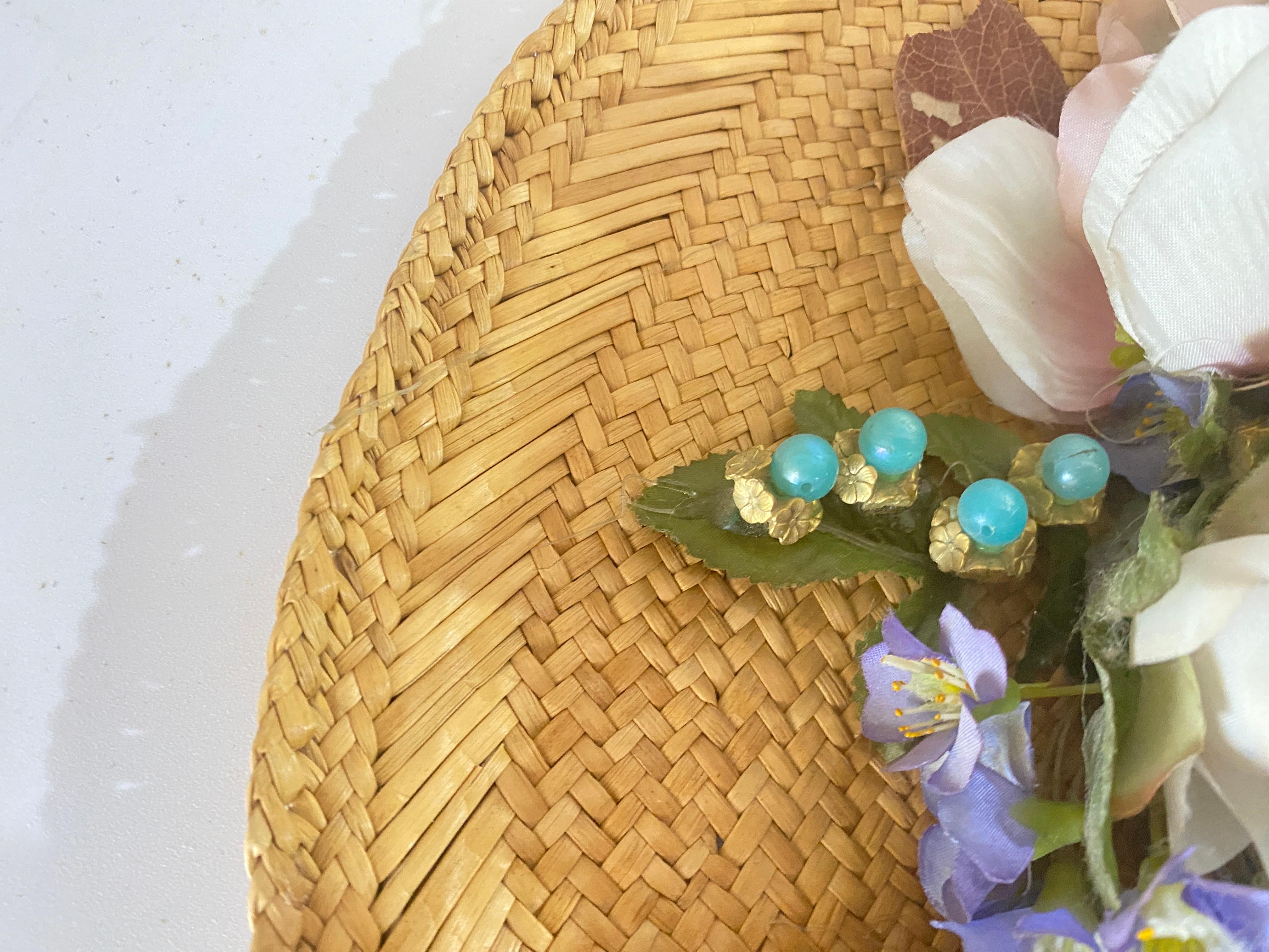 Vintage Straw Hat with Ribbon and Flowers For Sale 7