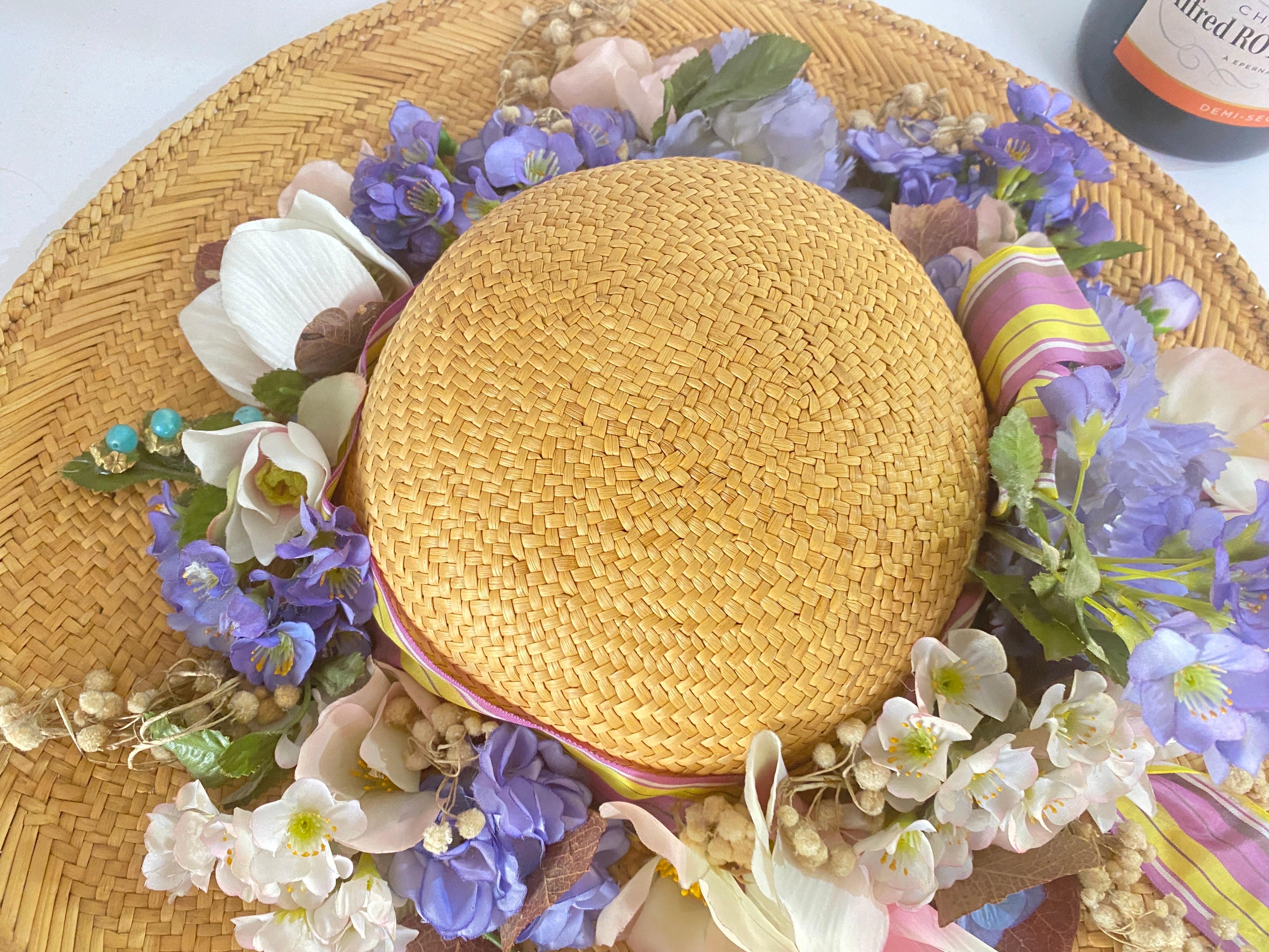 Vintage Straw Hat with Ribbon and Flowers For Sale 1