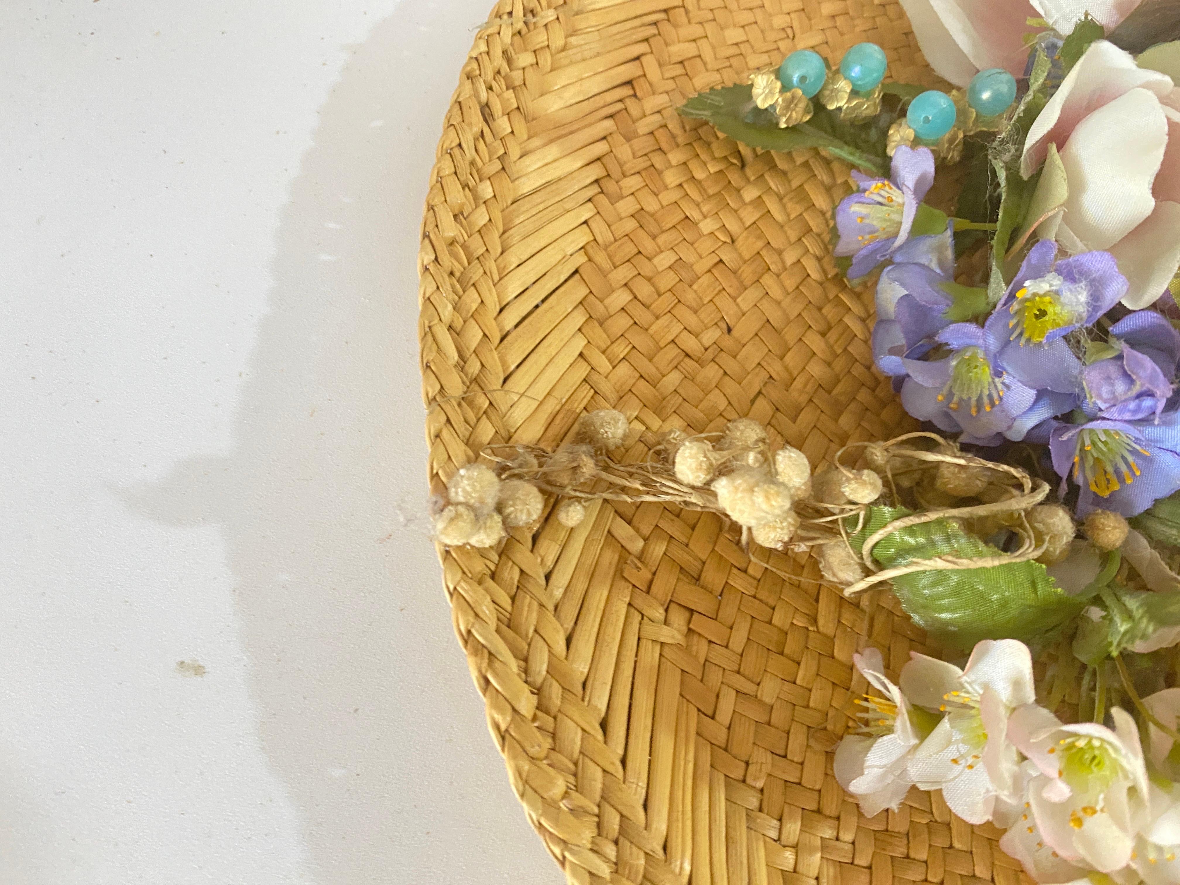 Vintage Straw Hat with Ribbon and Flowers For Sale 2