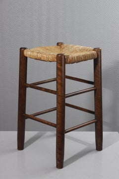 Tabouret en paille vintage dans le style Charlotte Perriand, 1970