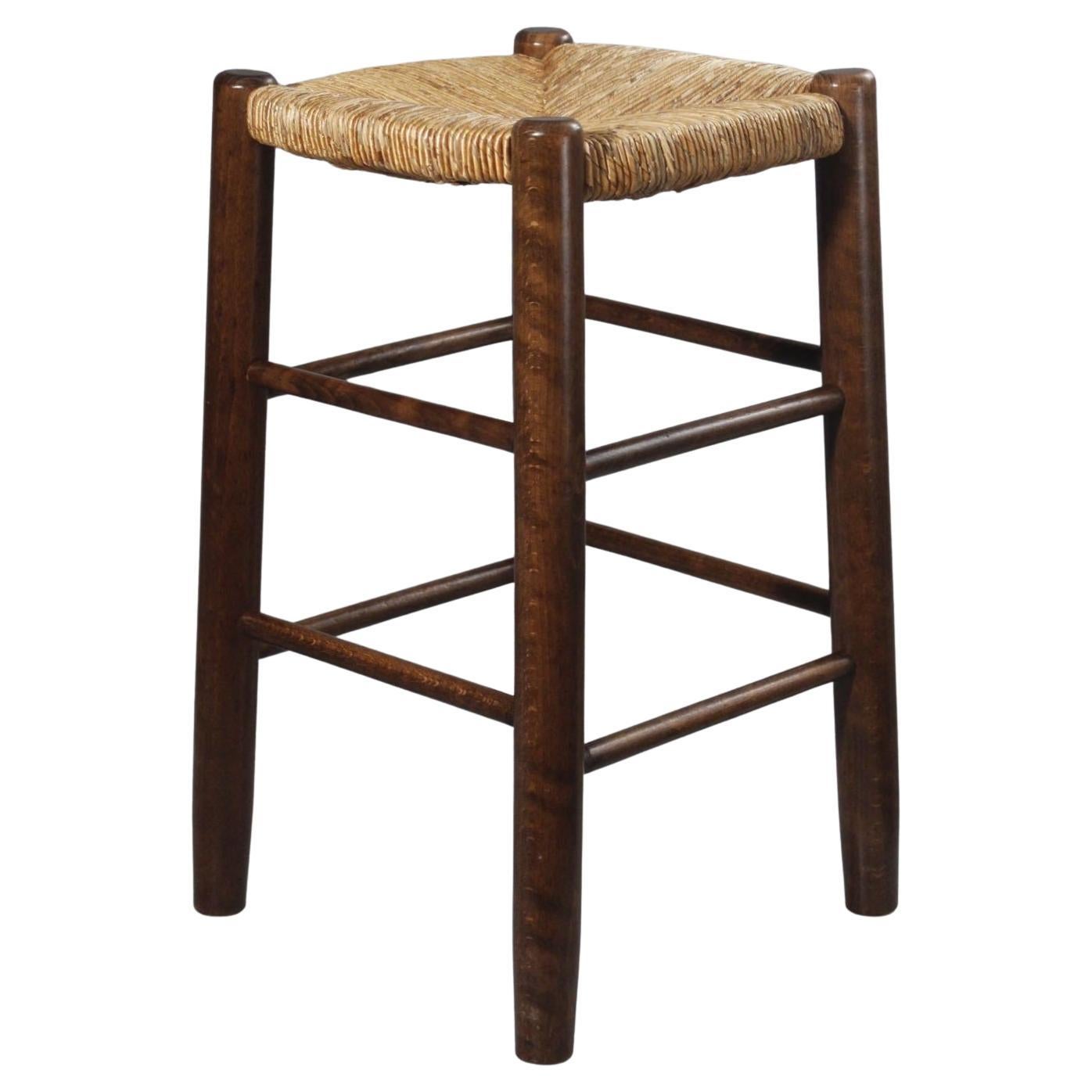 Vintage straw stool in Charlotte Perriand style, 1970s