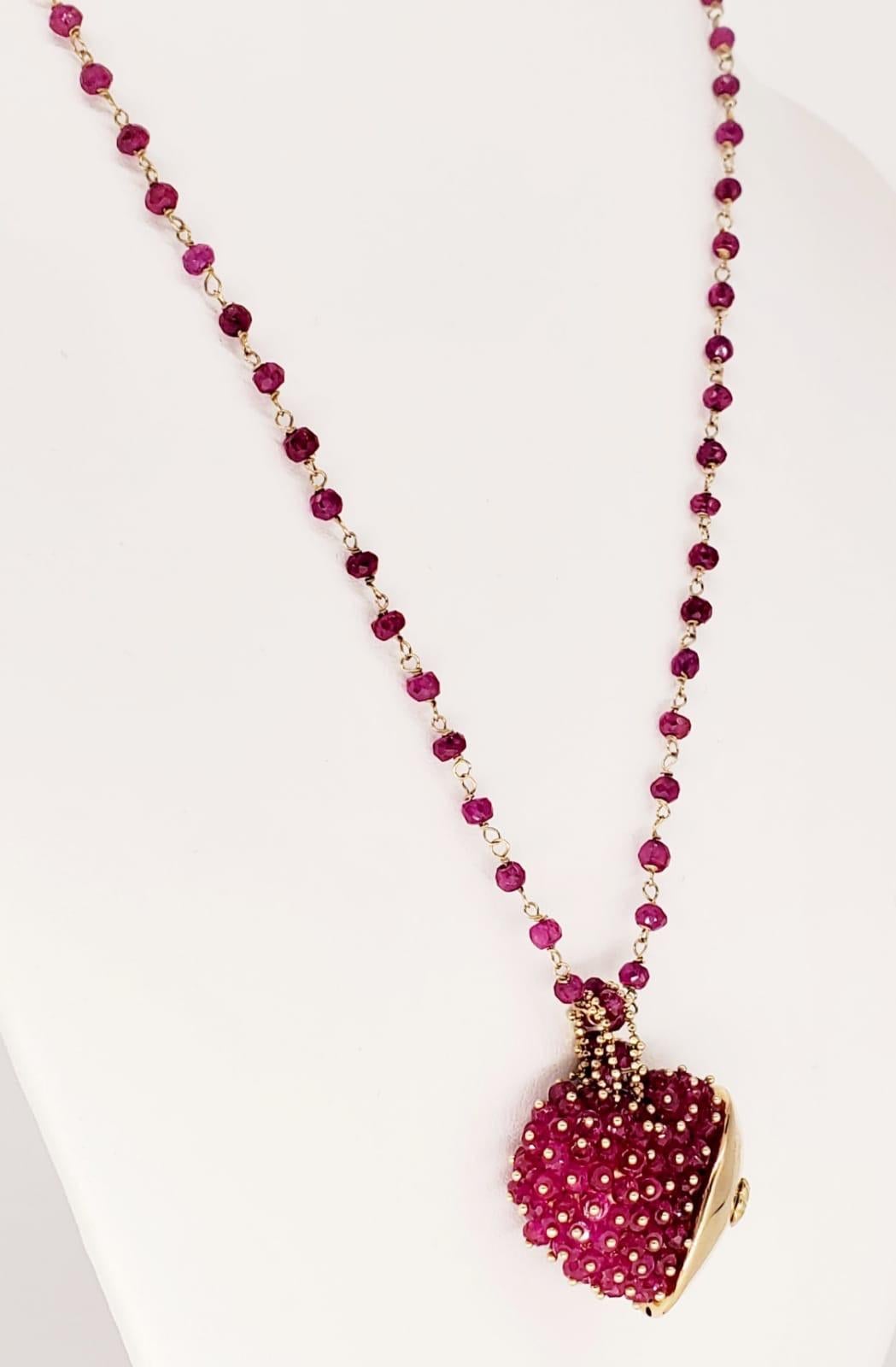 Vintage Strawberry Heart 50 Carat Faceted Ruby Beads Necklace 14 Karat Gold 1