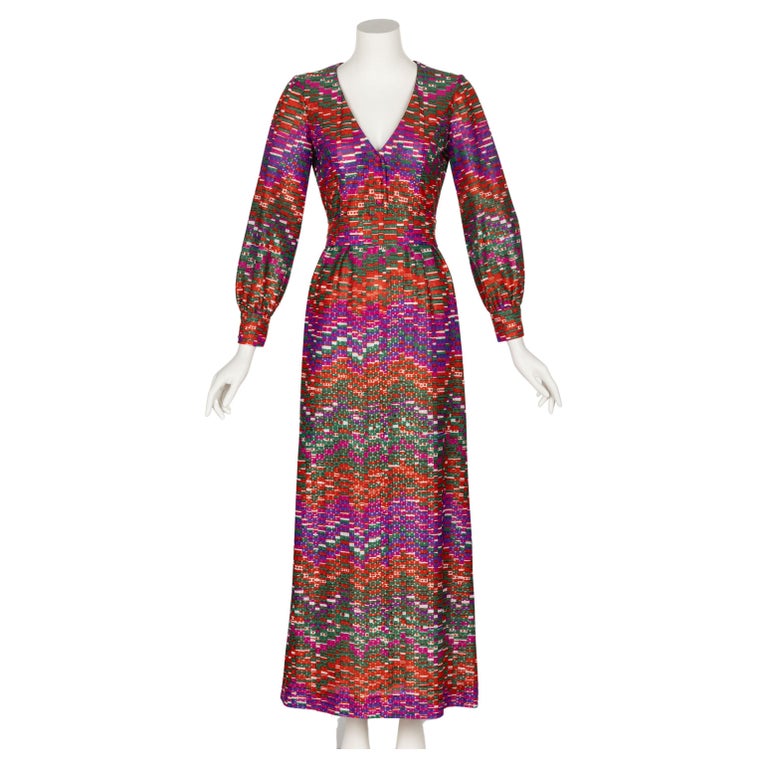 Vintage Striking Red Purple Green Metallic Maxi Dress For Sale at 1stDibs