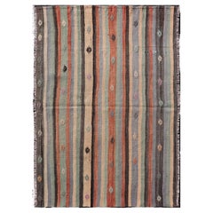 Kilim turc à rayures multicolores et motifs tribaux géométriques 3'8 x 5'8