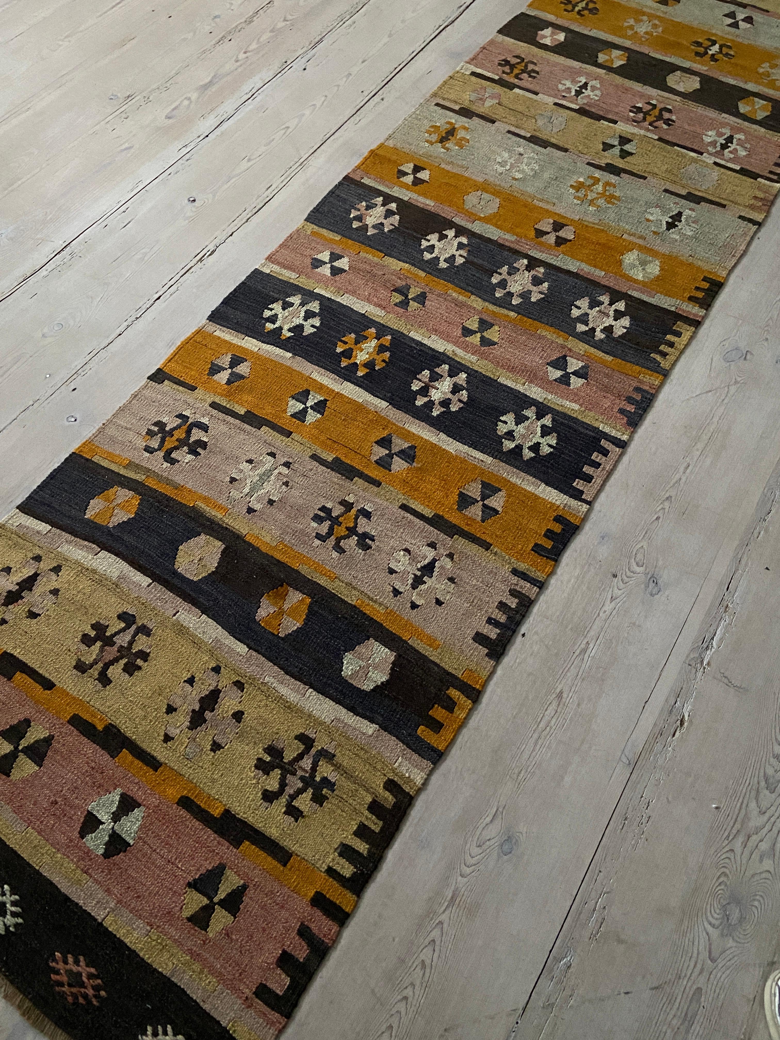 Wool Vintage Striped Anatolian Runner with Geometric Shapes, Turkey, 20th Century For Sale