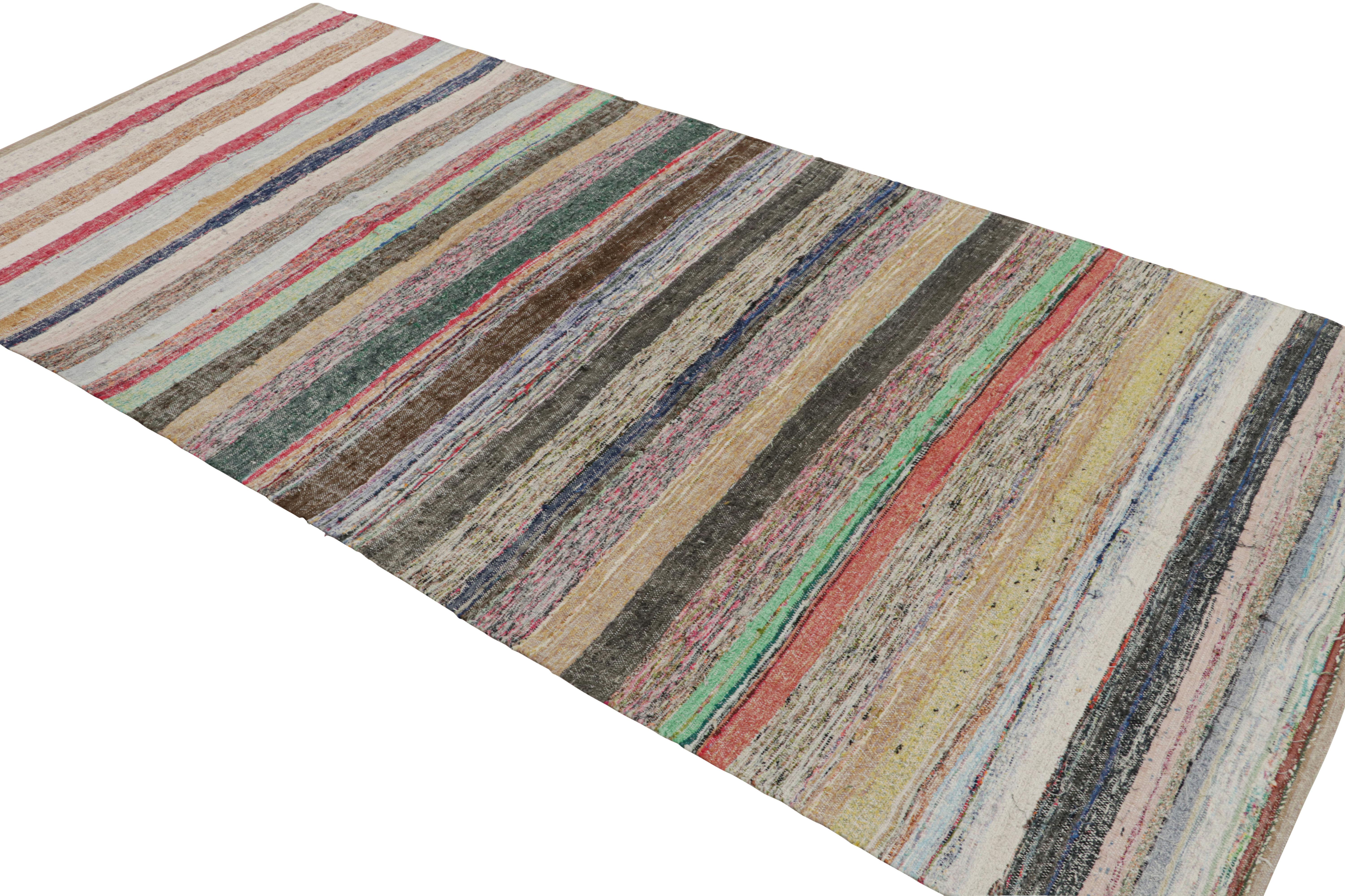 Hand-Knotted Vintage Striped Beige Brown and Multi-Color Wool Kilim Rug by Rug & Kilim For Sale