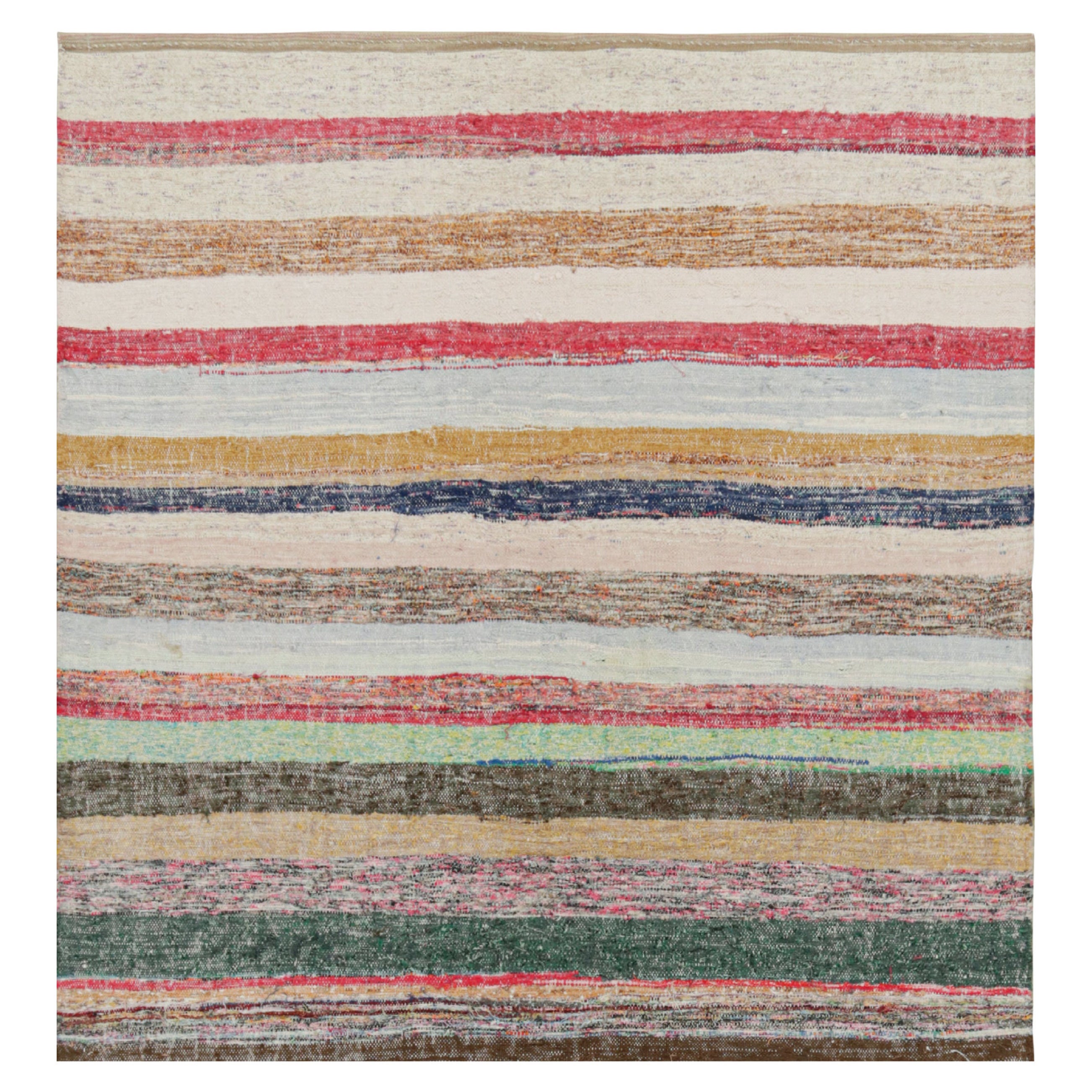 Vintage gestreifter beige-brauner und mehrfarbiger Woll-Kilim-Teppich von Rug & Kilim im Angebot