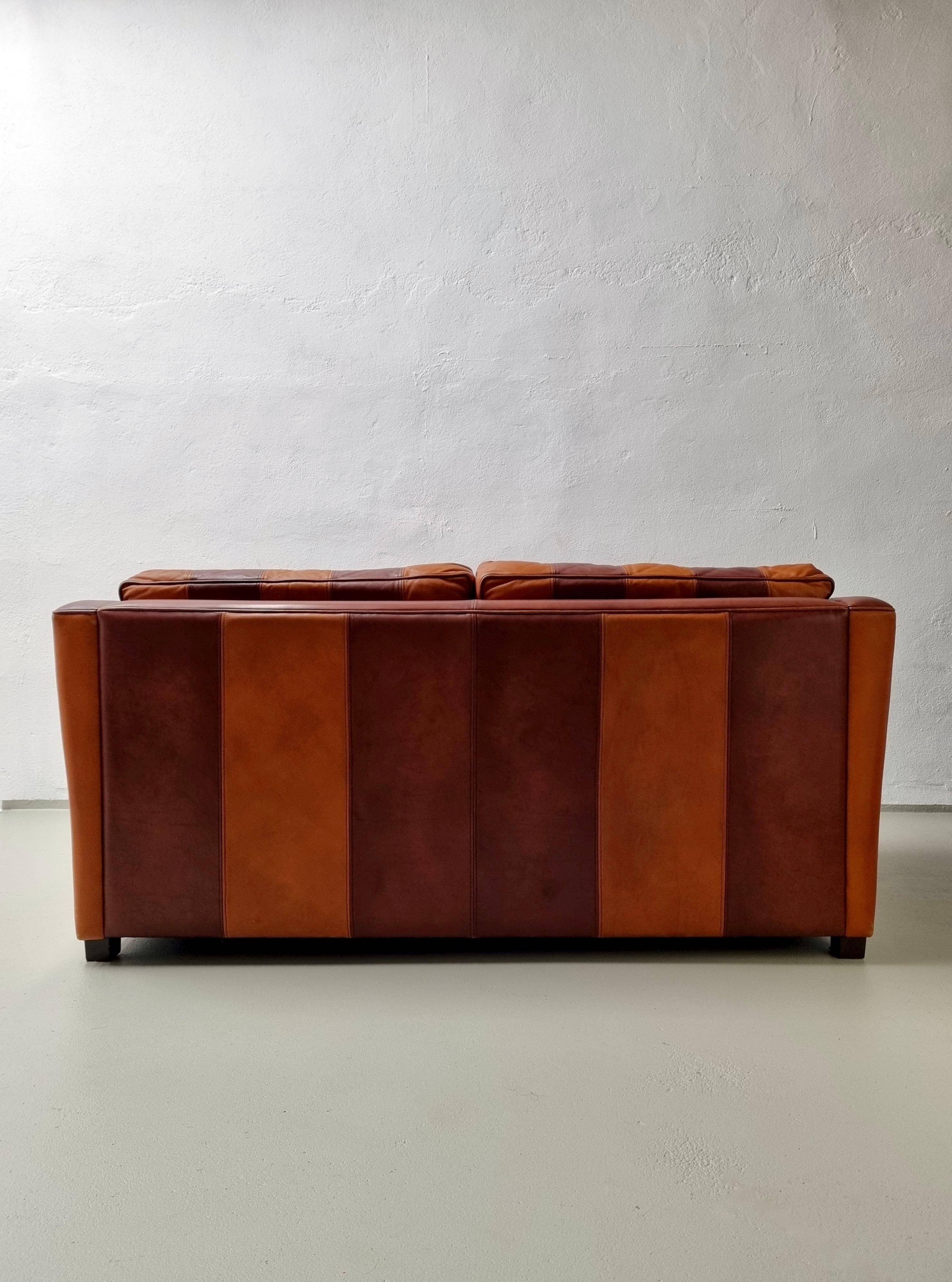 Minimalist Vintage Striped Brown Orange Leather Sofa, 1990s For Sale