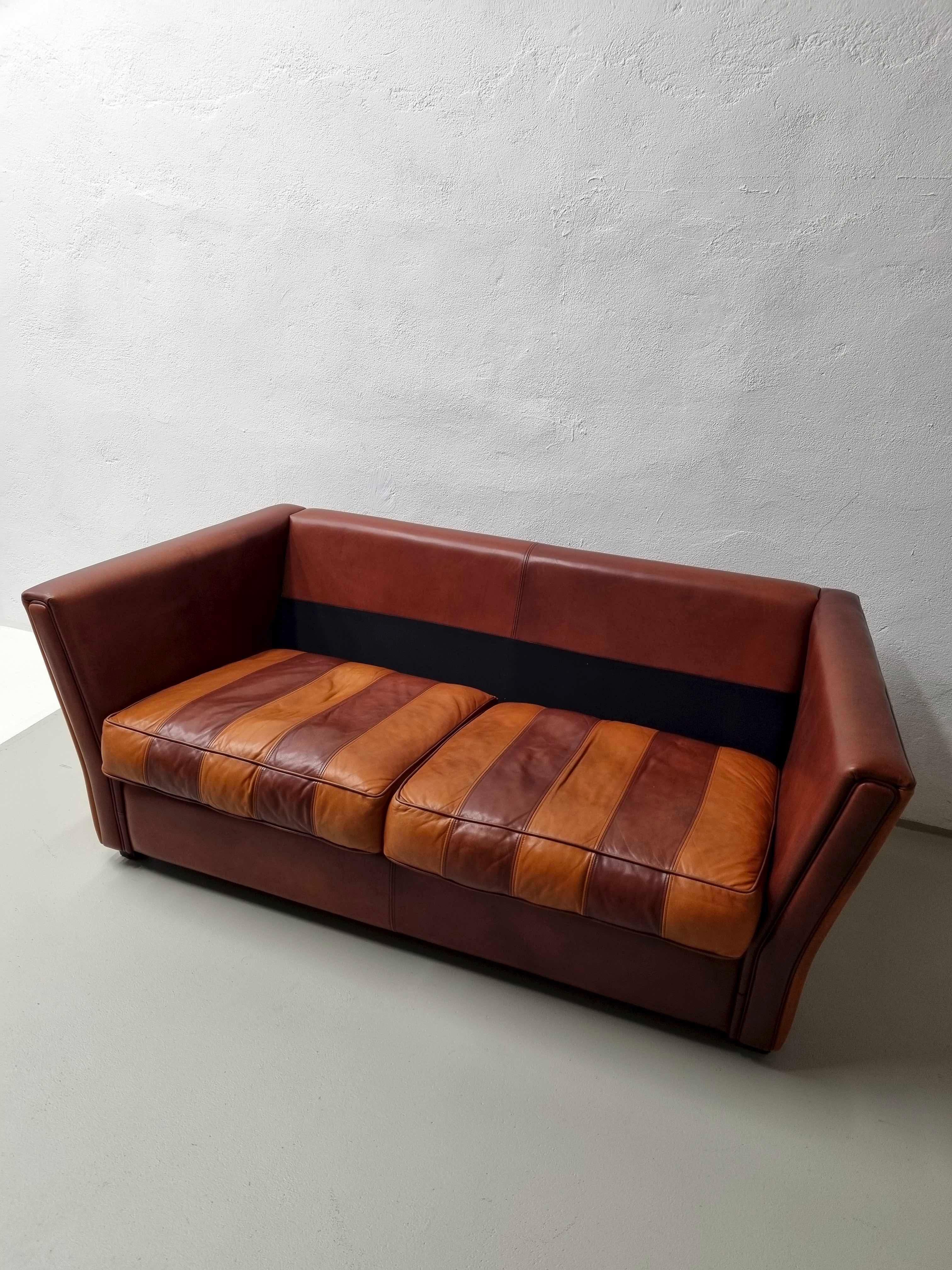 Vintage Striped Brown Orange Leather Sofa, 1990s In Good Condition For Sale In Rīga, LV