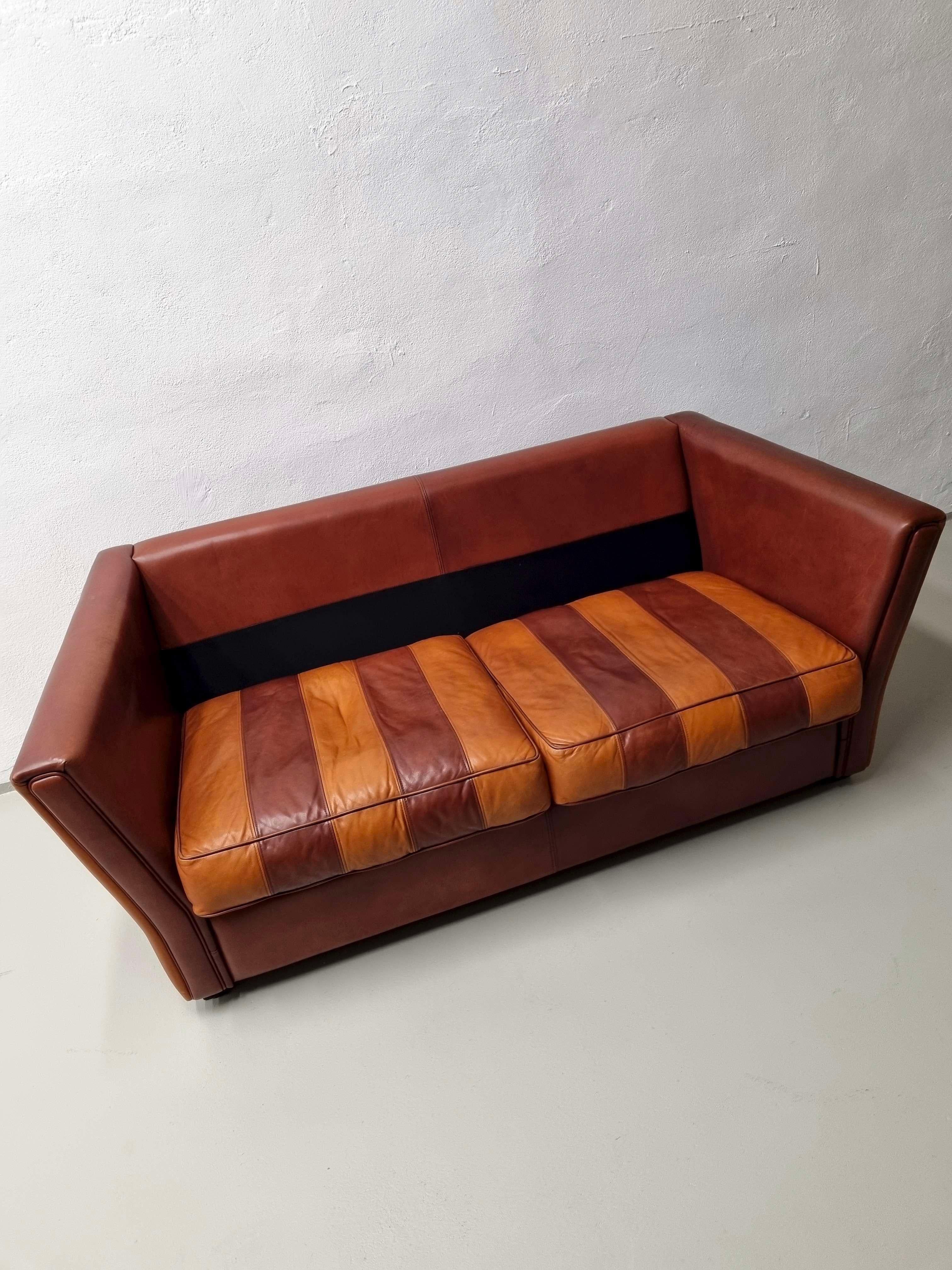 20th Century Vintage Striped Brown Orange Leather Sofa, 1990s For Sale