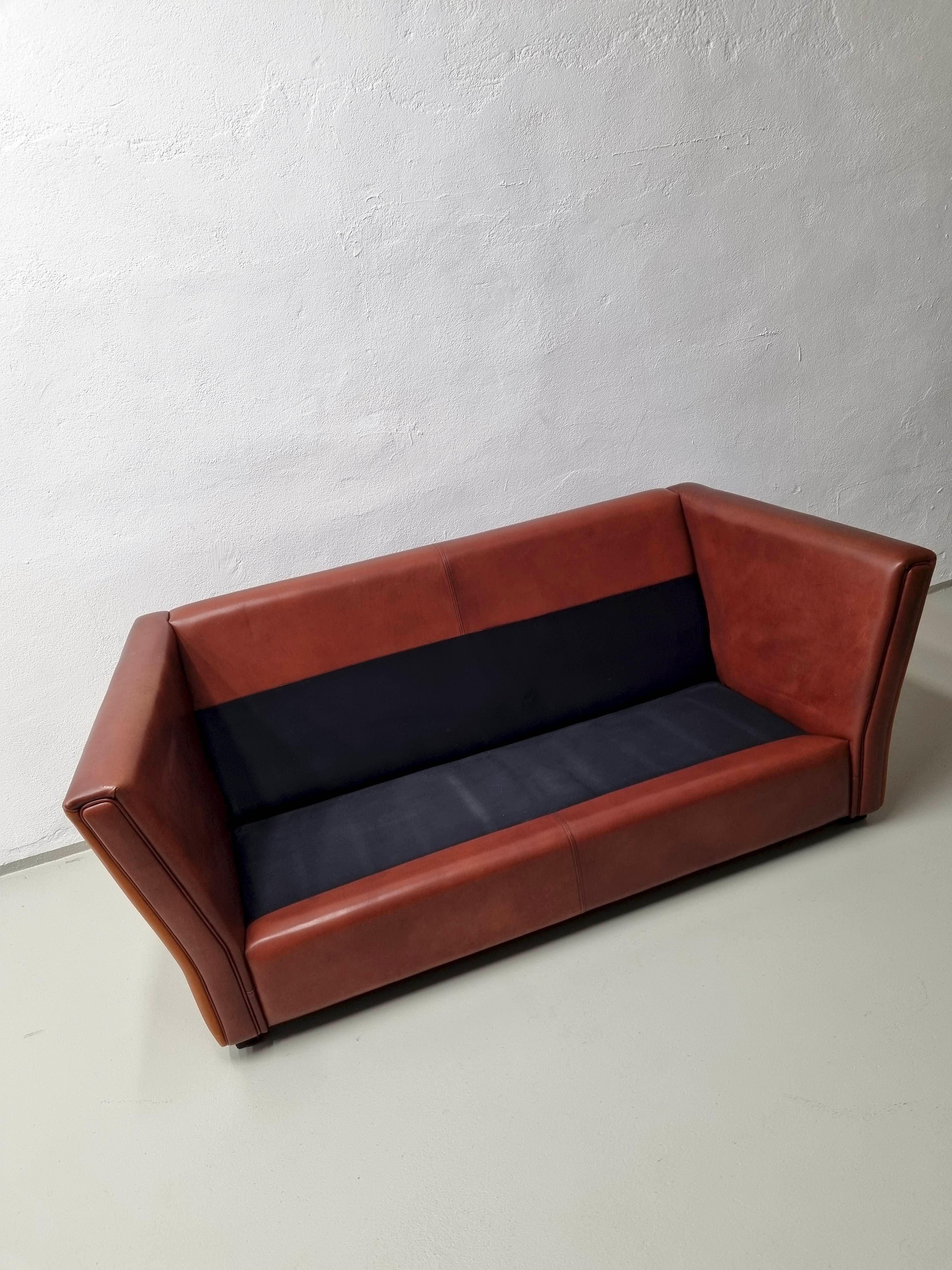 Vintage Striped Brown Orange Leather Sofa, 1990s For Sale 1