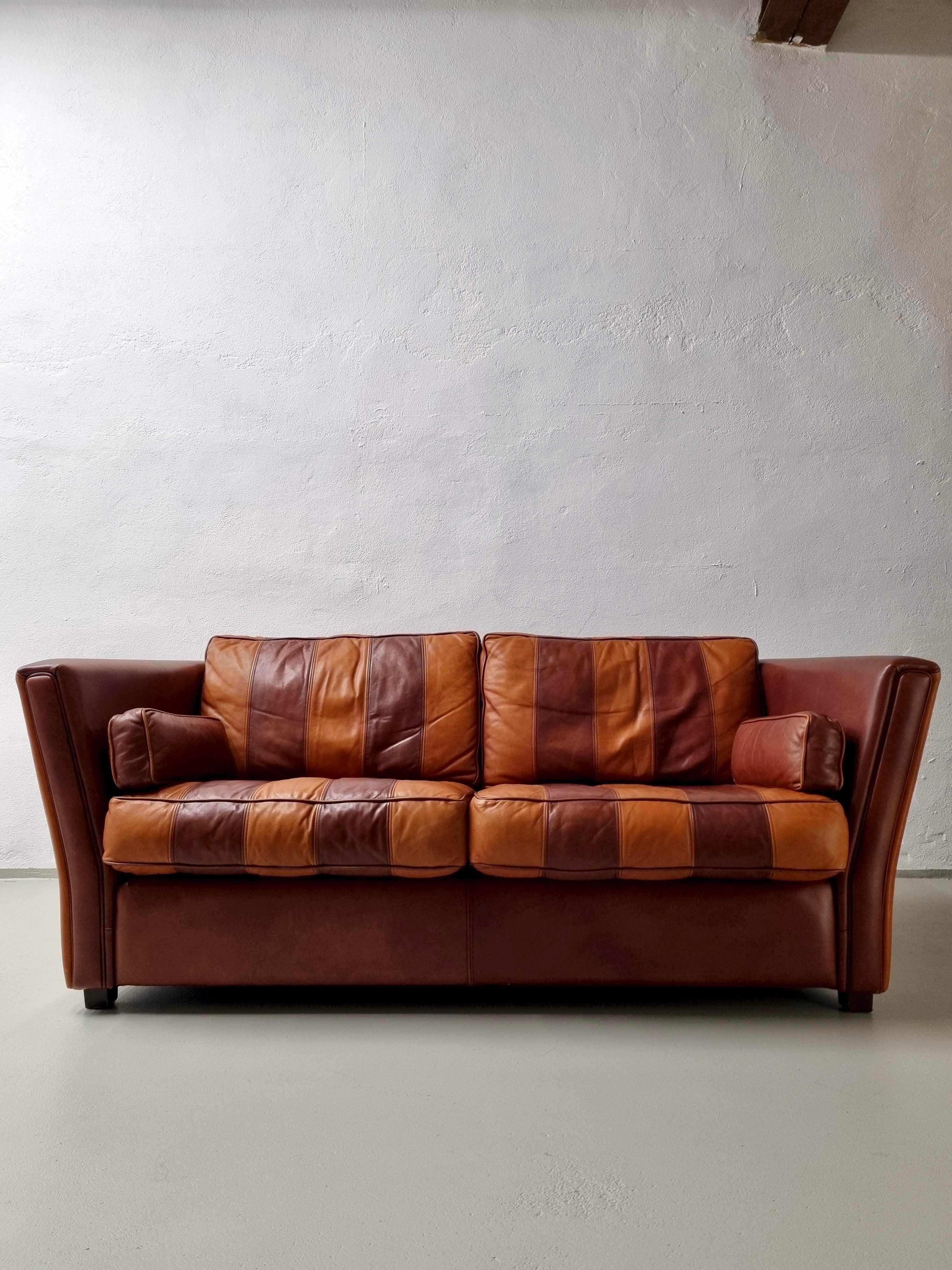 Vintage Striped Brown Orange Leather Sofa, 1990s For Sale 2