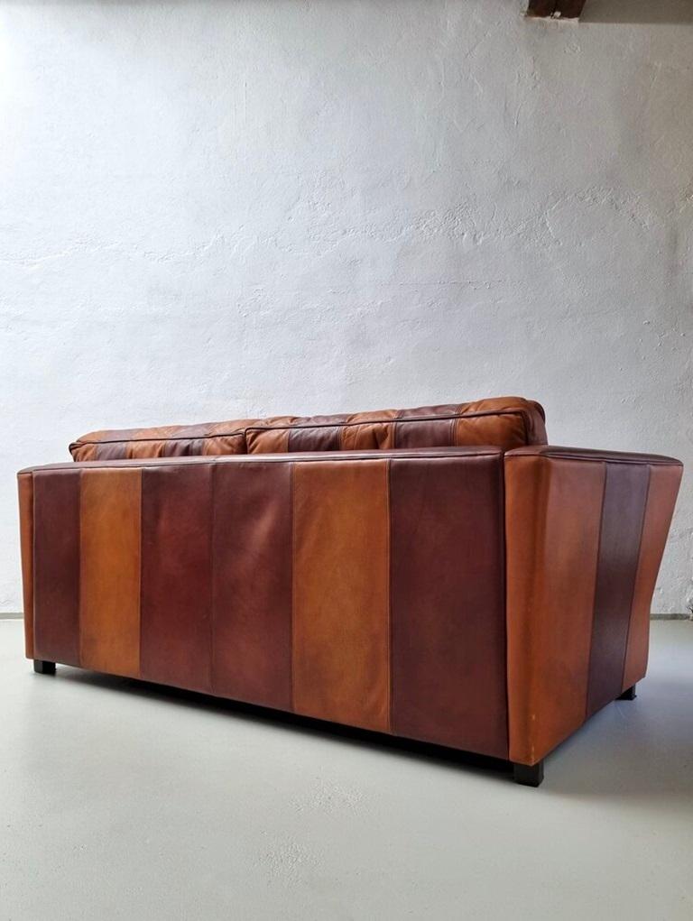 German Vintage Striped Brown Orange Leather Sofa, 1990s For Sale